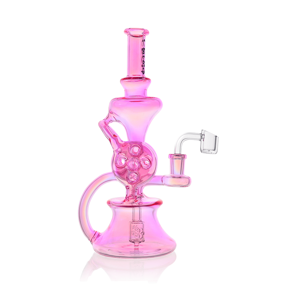 Vertical studio shot of the Croia Glass 10" Dual Swiss Perc Klein Recycler Dab Rig | Croia Glass in pink glass showing its rounded recycler chambers, circular percolator cluster, and side banger against a white background