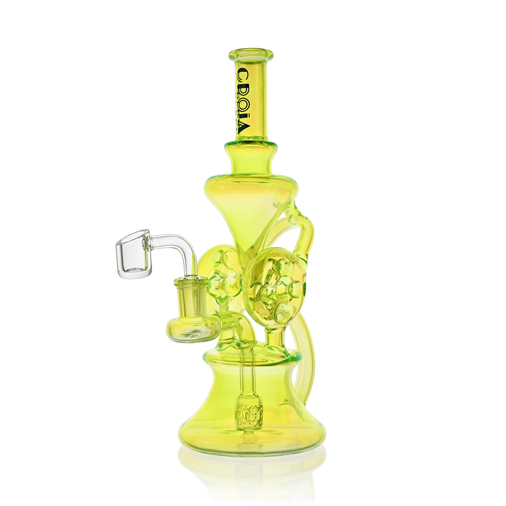 Studio-style front view of the Croia Glass 10" Dual Swiss Perc Klein Recycler Dab Rig | Croia Glass in translucent neon yellow with dual disc percs and a tilted quartz banger.