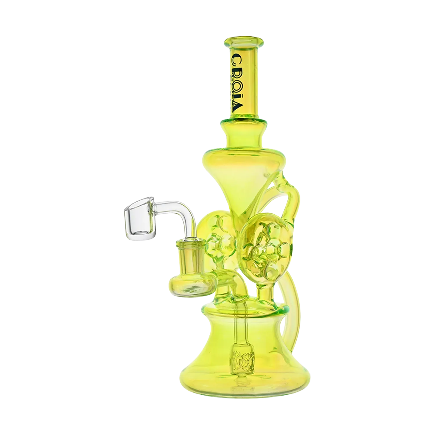 Three-quarter view of a neon yellow Croia Glass 10" Dual Swiss Perc Klein Recycler Dab Rig | Croia Glass showing stacked chambers, a side-mounted recycler loop and clear quartz banger.