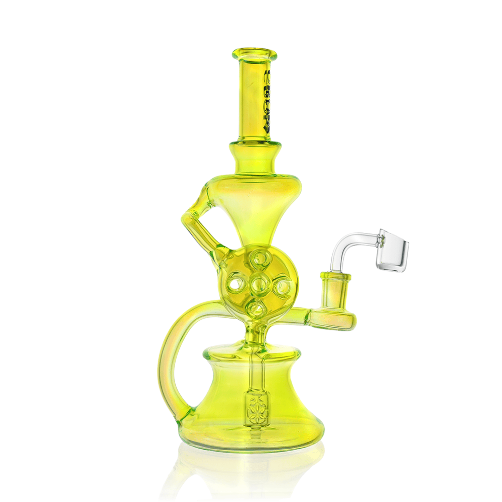Front-facing shot of the Croia Glass 10" Dual Swiss Perc Klein Recycler Dab Rig in neon yellow glass showing its vertical recycler loop, round percolator wheel, and angled banger.