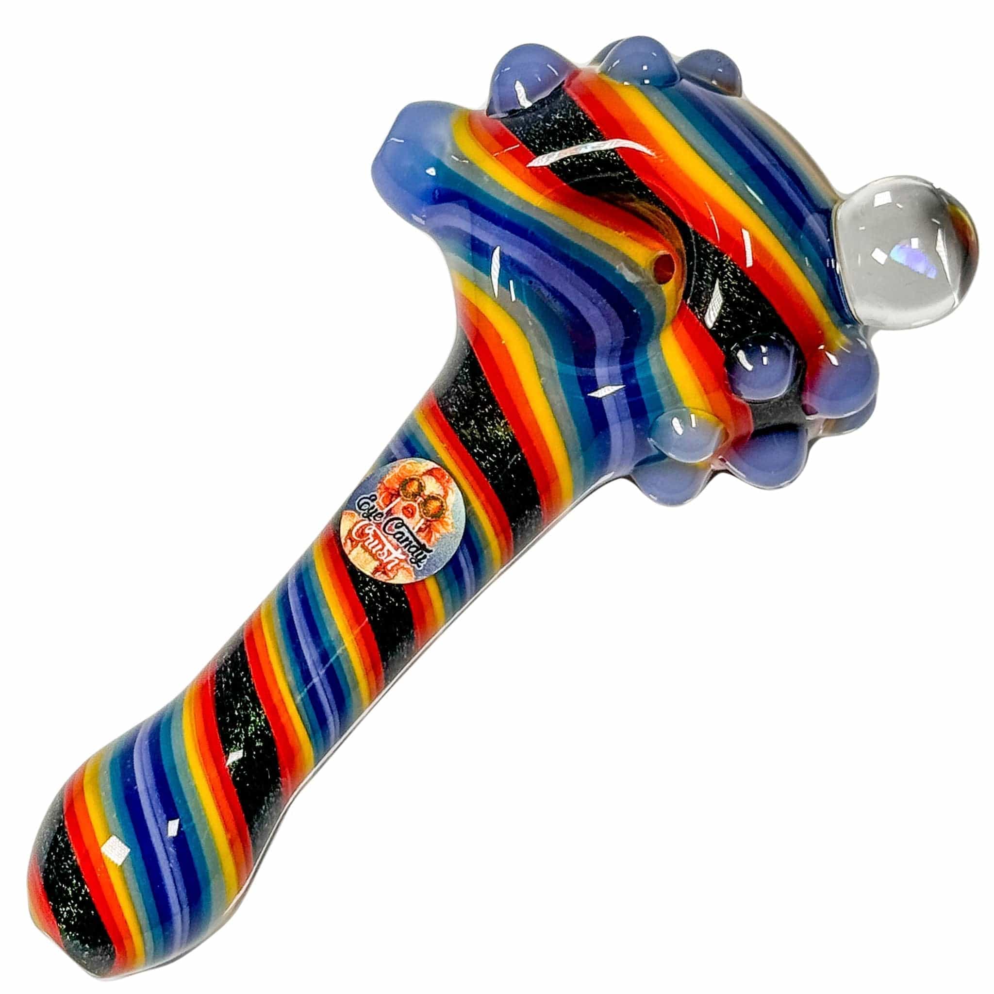 A studio shot of the Eye Candy Opal & Dichro Spiral Hand Pipe, showcasing its vibrant, colorful spiral design.