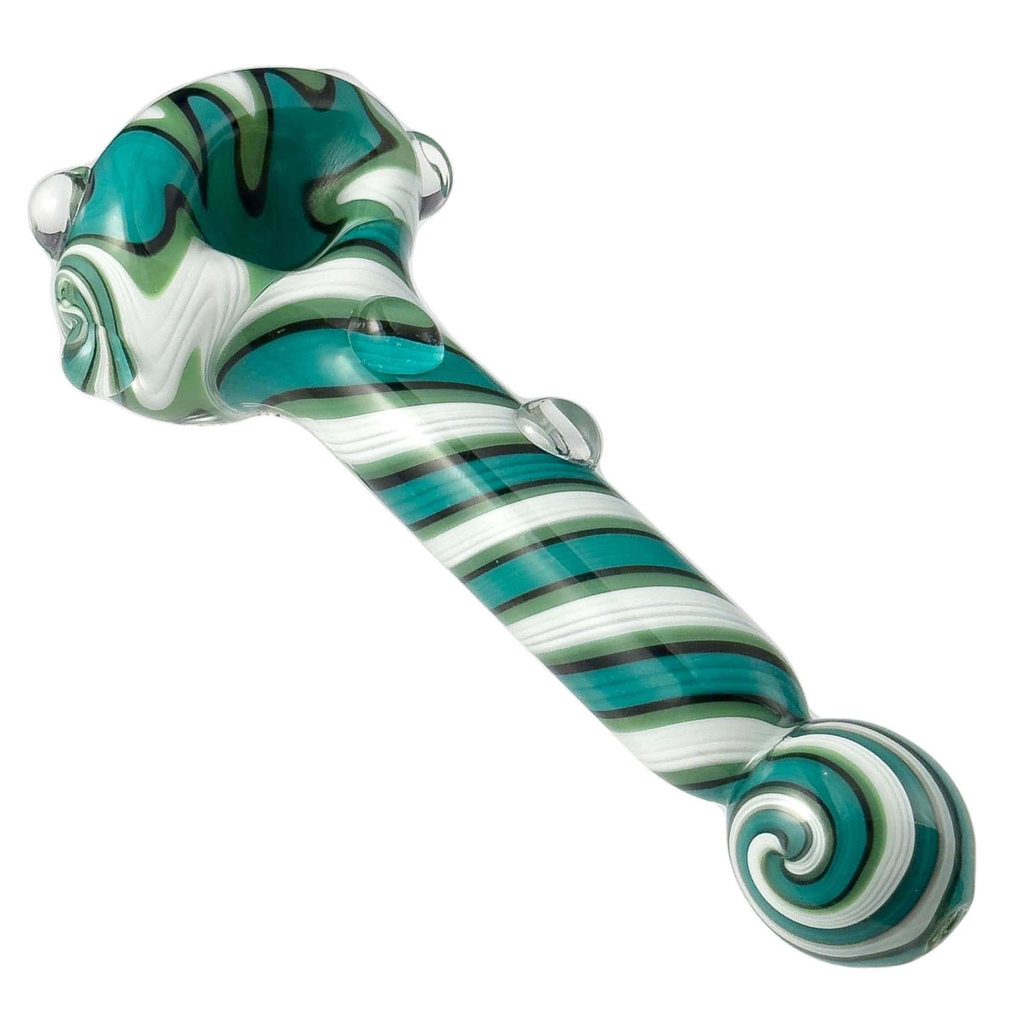 A side view of the Spiral Body Wig-wag Head with Bulb Mouthpiece, showcasing its colorful, spiraled glass design.