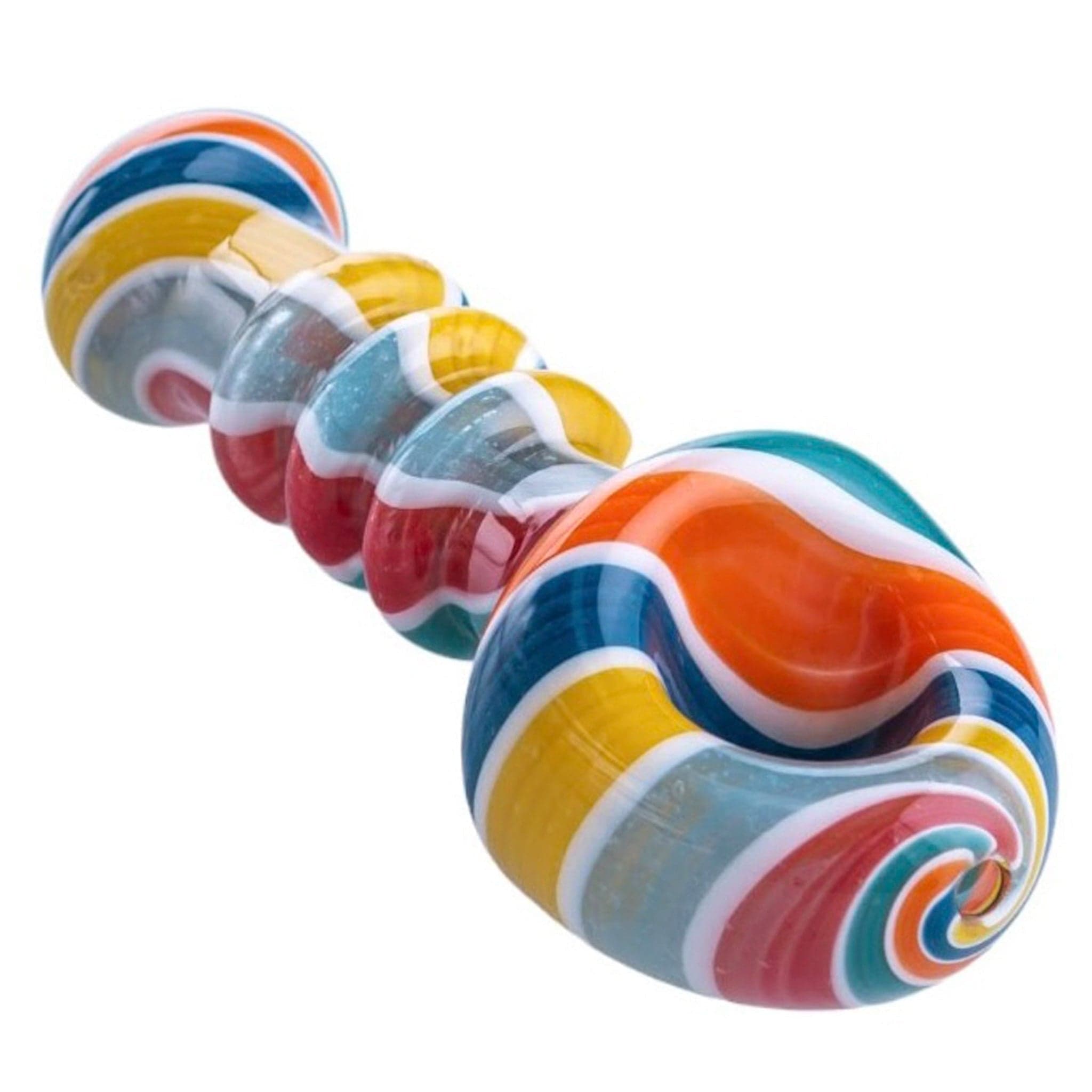 A studio shot of the Shovel Head Spoons, displaying a colorful glass spoon pipe angled against a plain white backdrop.