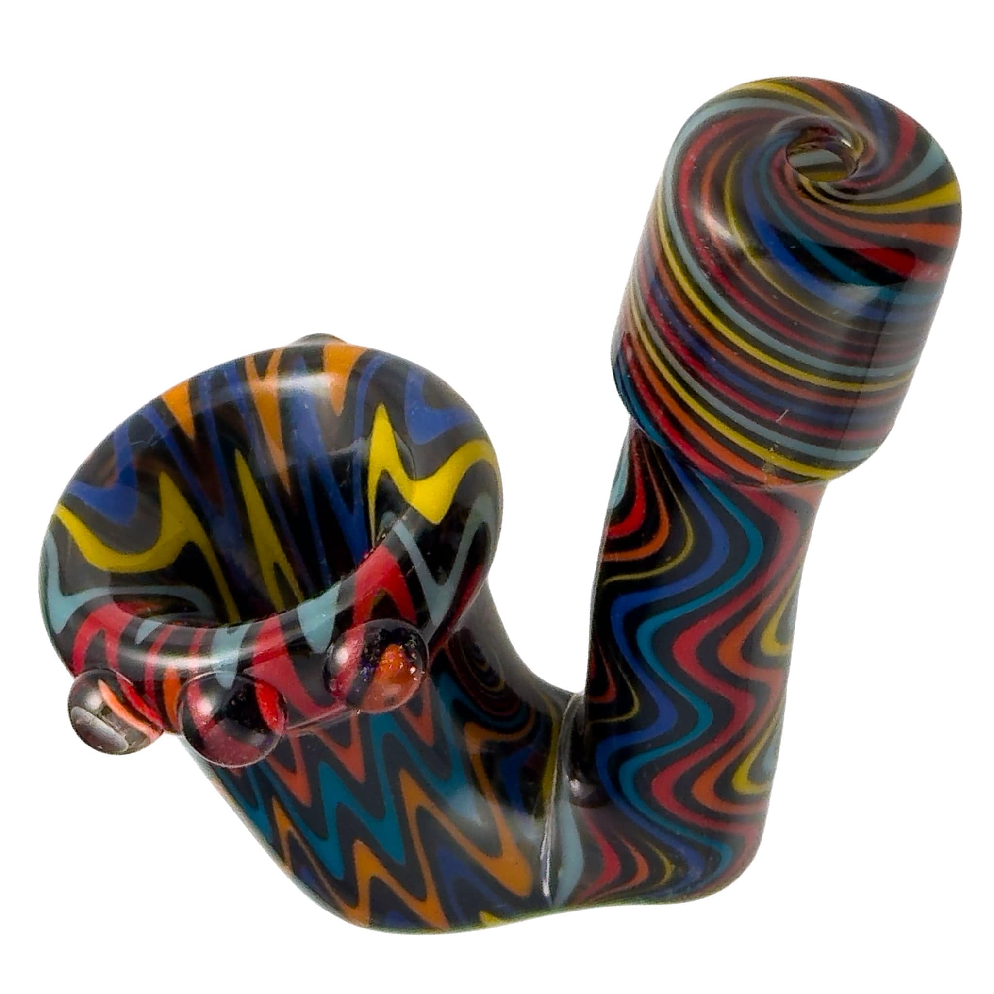 A three-quarter view of the Sherlock Hooks glass pipe, displaying a colorful swirl pattern against a plain white background.
