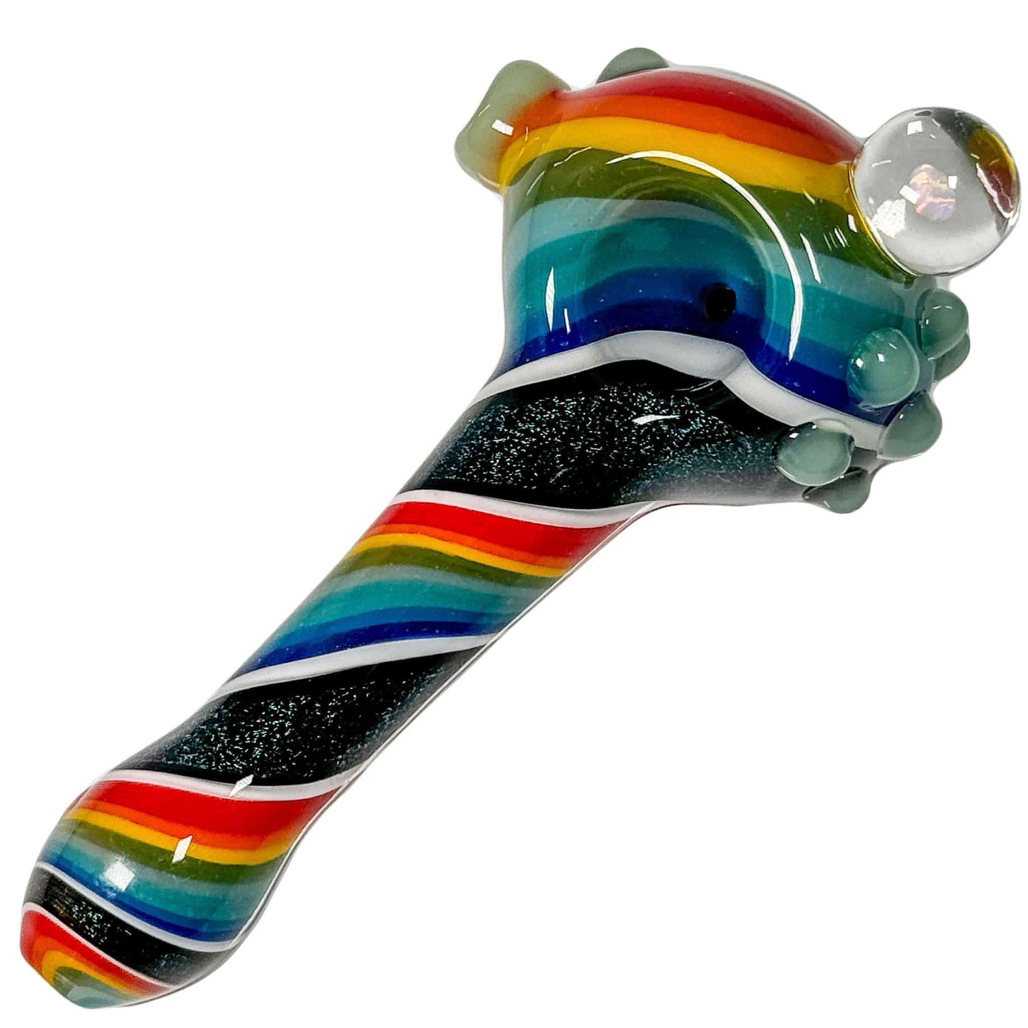 A close-up, angled view of the Eye Candy Opal & Dichro Spiral Hand Pipe, showcasing its spiraling glass design.