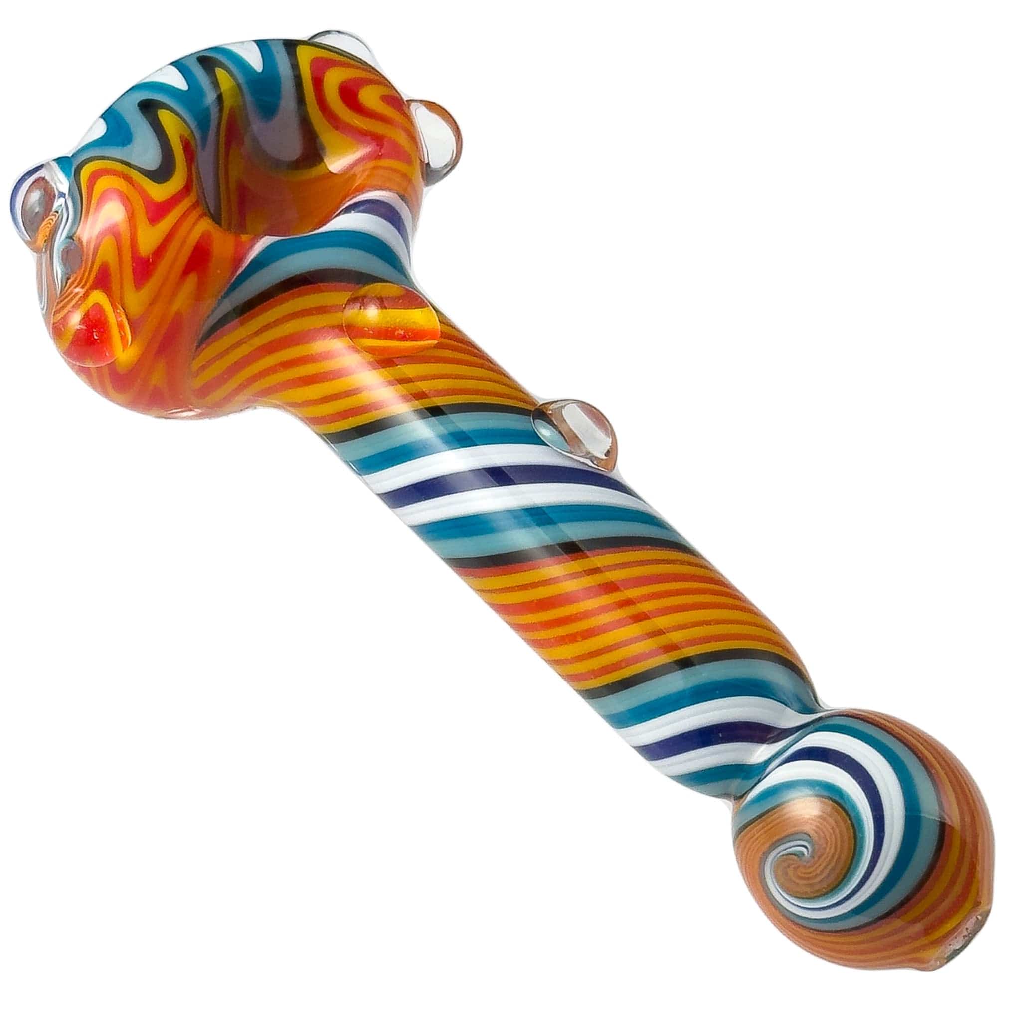 A three-quarter view of the Spiral Body Wig-wag Head with Bulb Mouthpiece, featuring a colorful, swirled glass design.