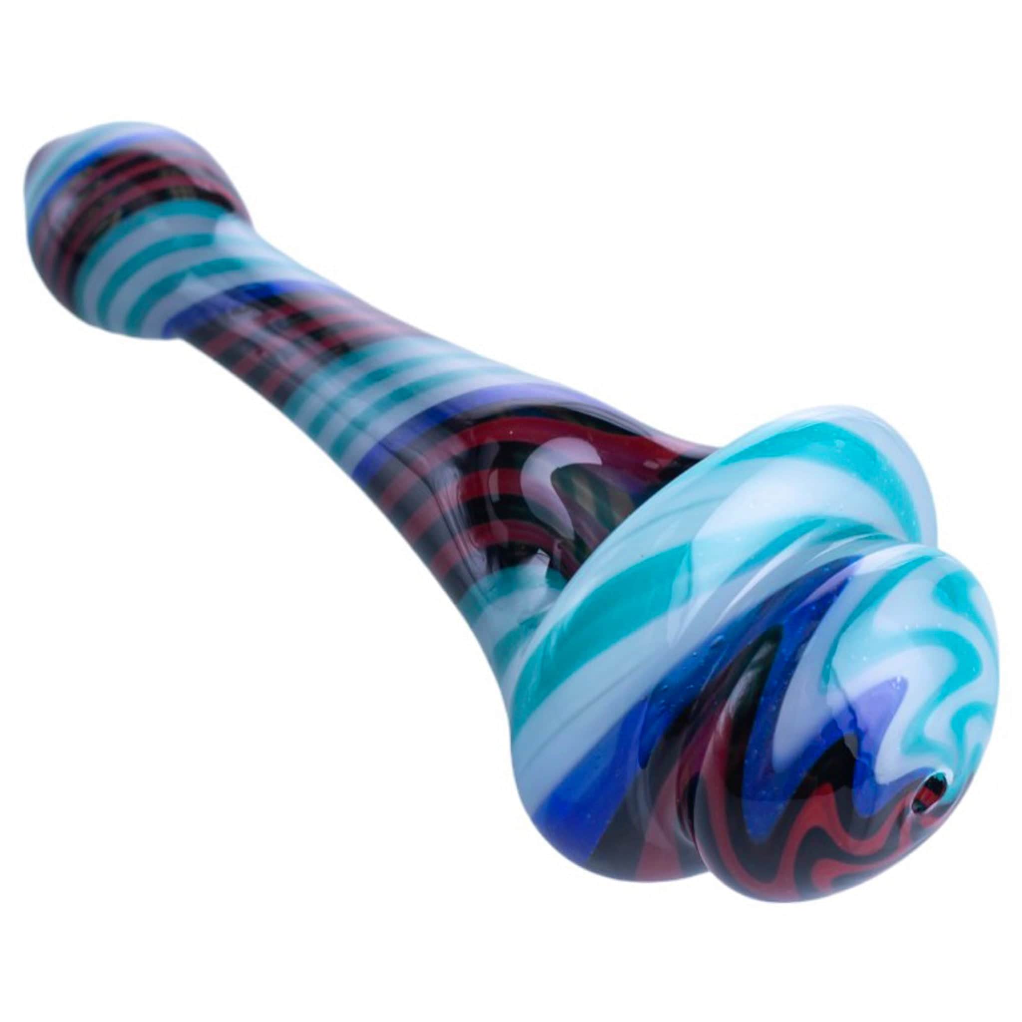 Angled close-up of the Spinning Top Pipes showing ocean blue and teal swirls with a striped, rounded glass mouthpiece.