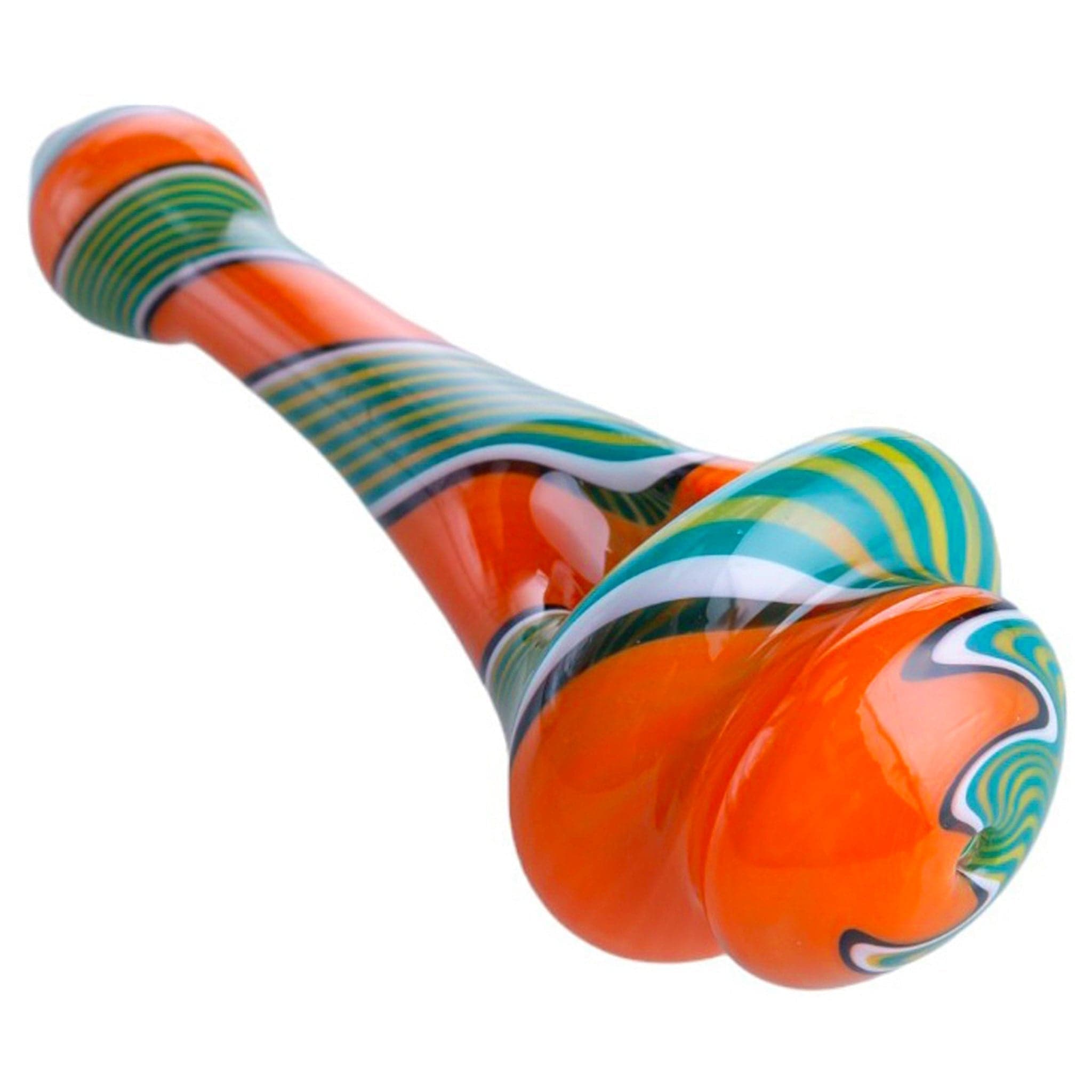 Close-up diagonal view of the orange-striped Spinning Top Pipes showing glossy orange glass with green and yellow spiral stripes.