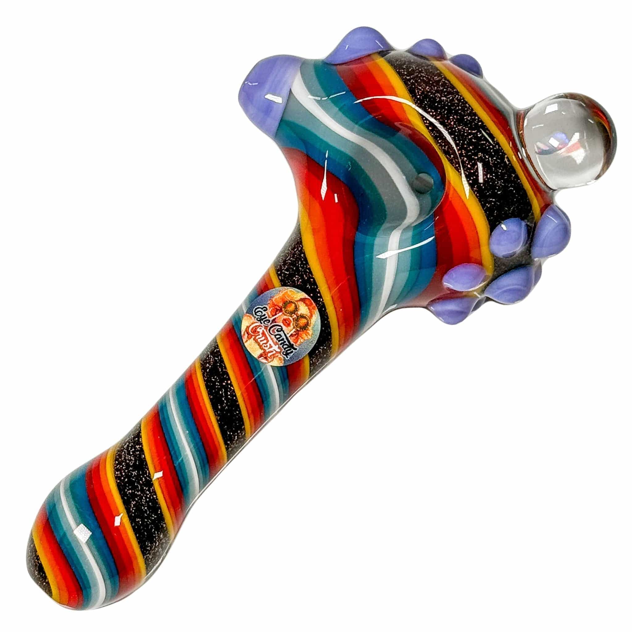 A close-up, angled view of the Eye Candy Opal & Dichro Spiral Hand Pipe with a colorful, swirling glass design.