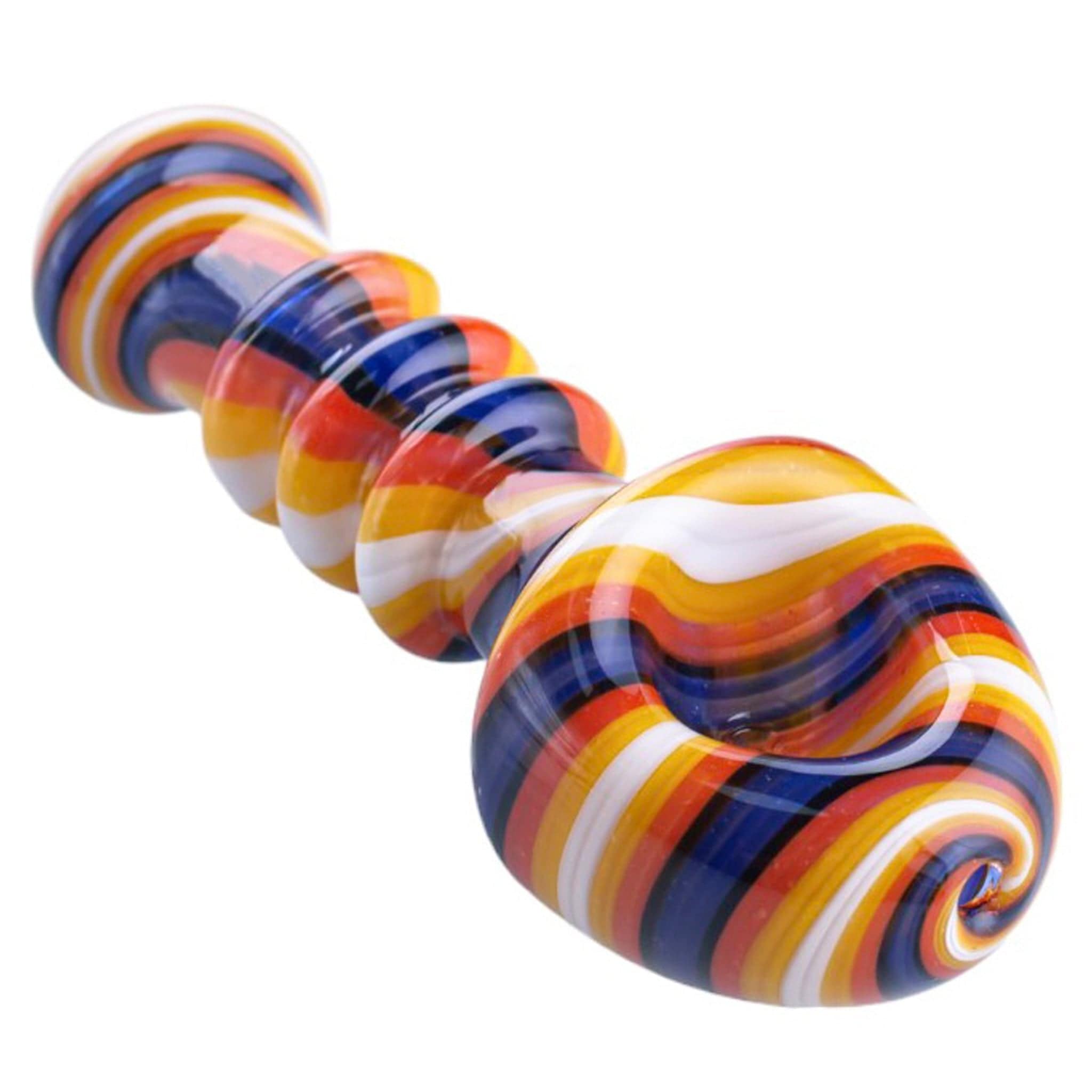 Front view of the Shovel Head Spoons, a colorful glass spoon with a rounded head and patterned stem.