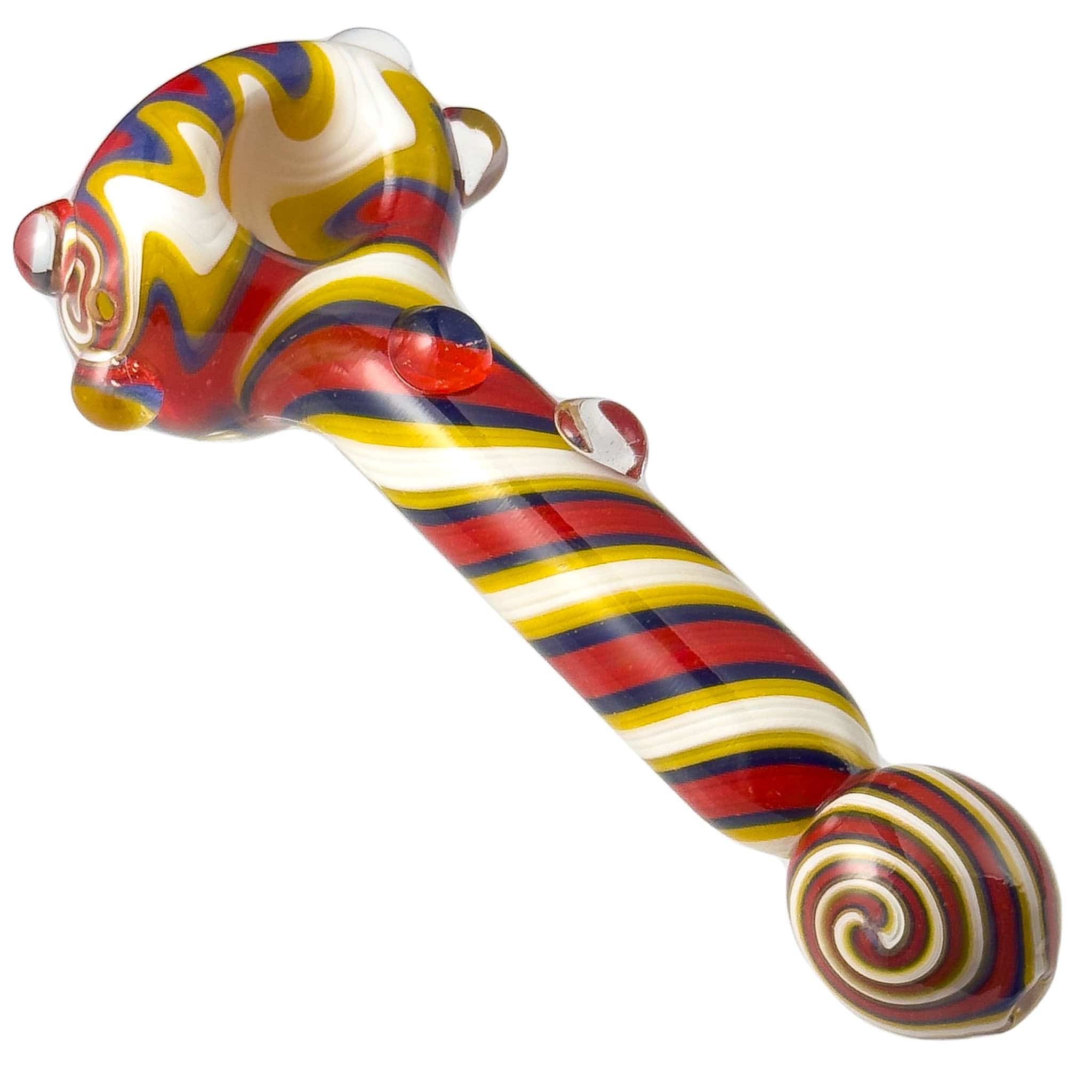 Front view of the Spiral Body Wig-wag Head with Bulb Mouthpiece, showcasing its colorful, spiraled glass design.