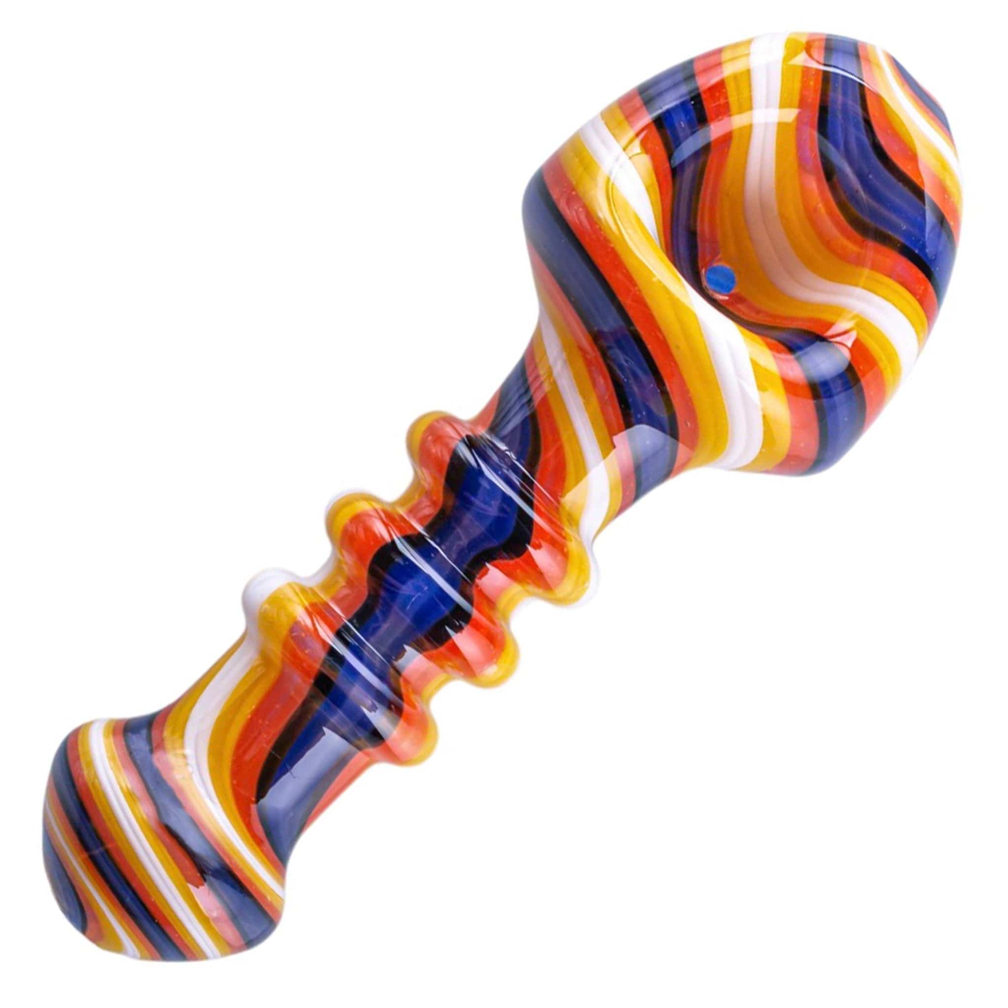 A close-up, angled view of the Shovel Head Spoons, showcasing a colorful, patterned glass design.