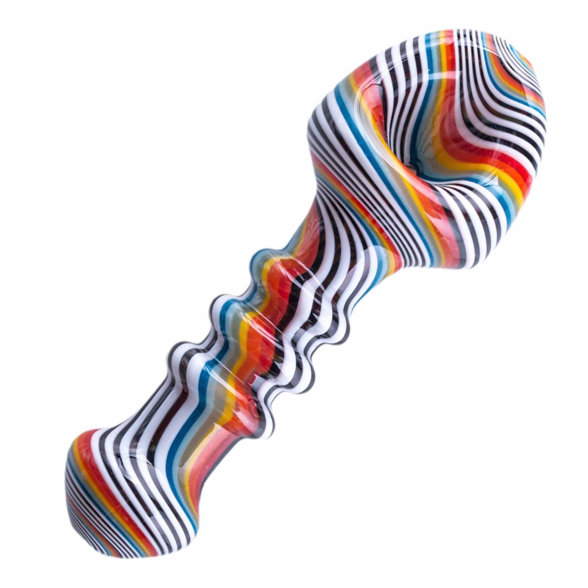 A studio shot of the Shovel Head Spoons, showcasing a colorful, patterned glass spoon with a uniquely shaped head.
