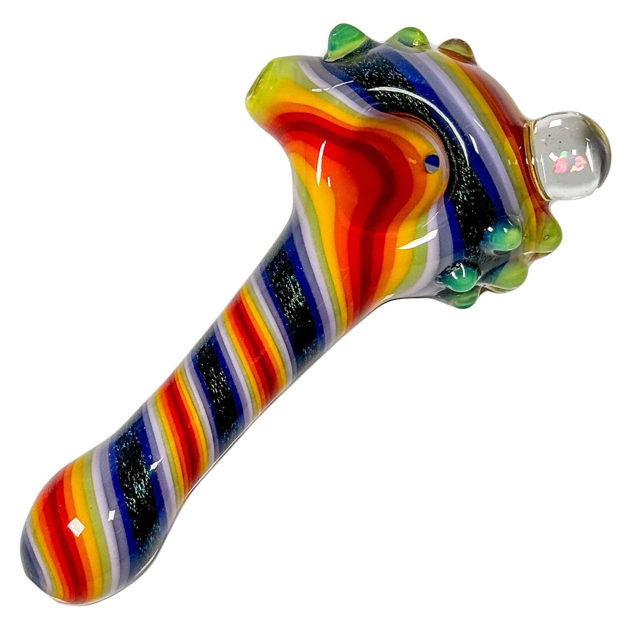 A diagonal view of the Eye Candy Opal & Dichro Spiral Hand Pipe, showcasing its colorful, spiraling glass design.