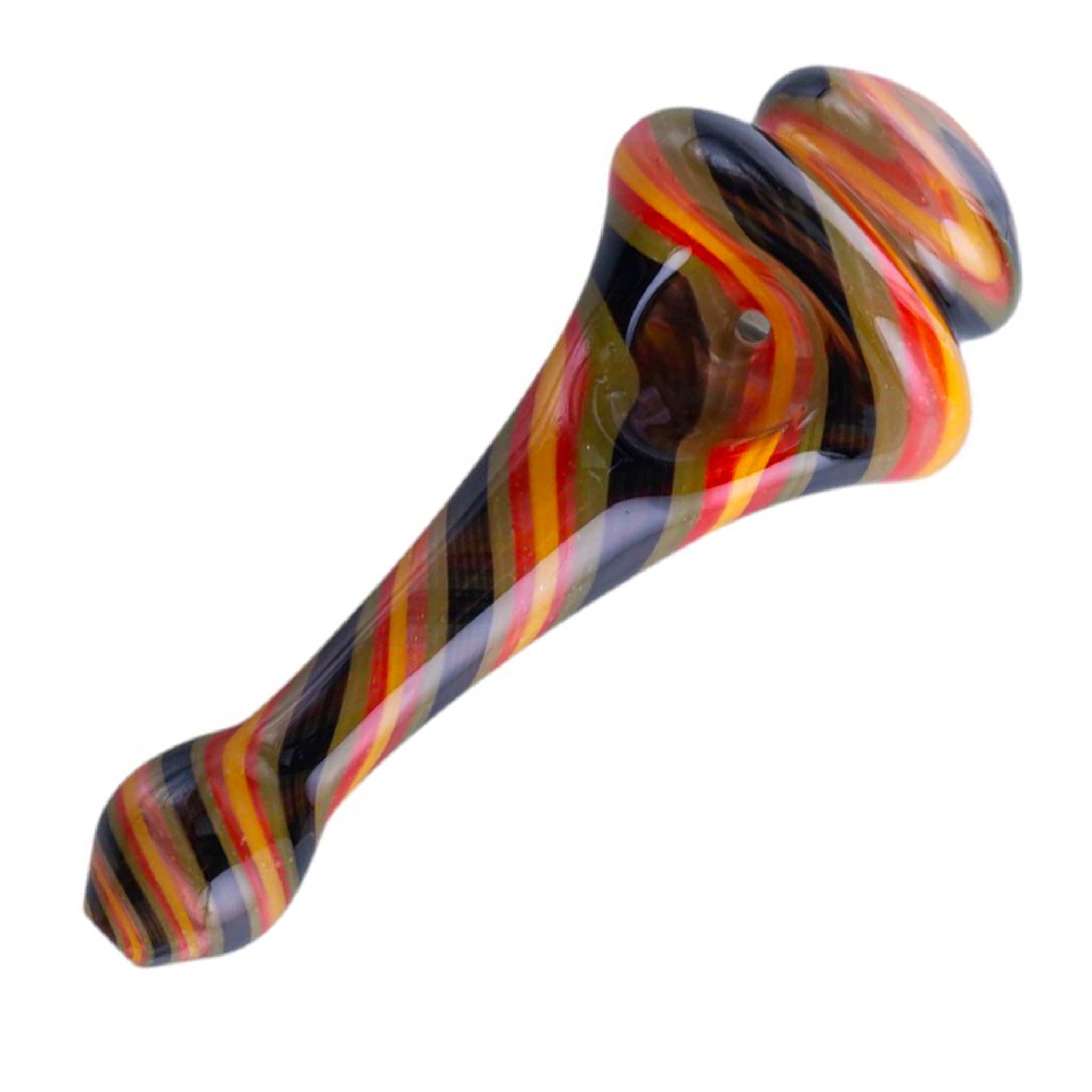 Diagonal close-up of the colorful glass Spinning Top Pipes showing twisted red, yellow and black stripes on a white background