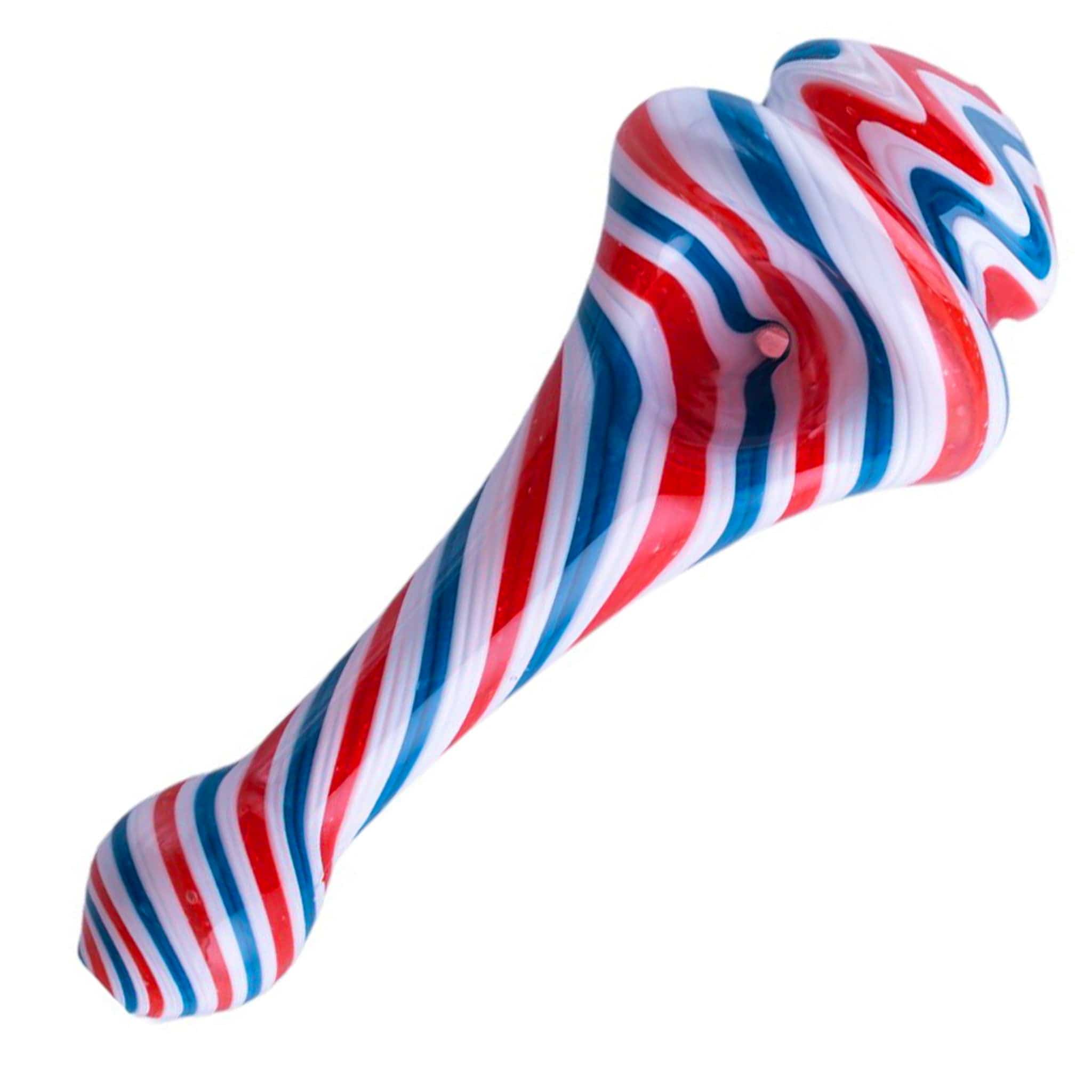 Close-up diagonal view of the red, white and blue swirled Spinning Top Pipes showing glossy twisted glass detail.