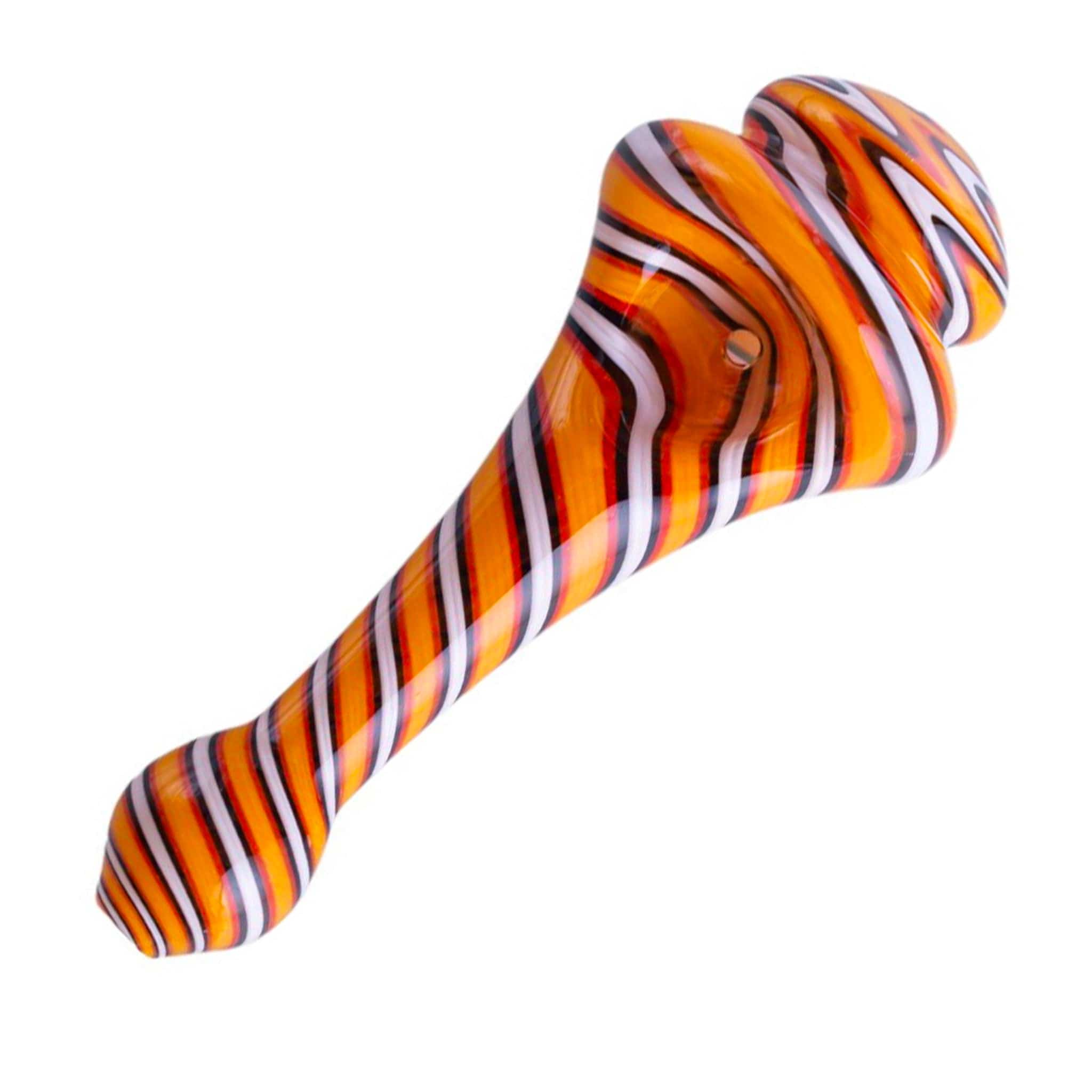 Diagonal close-up of the orange-and-black striped Spinning Top Pipes showing its twisted glass curves against a white background