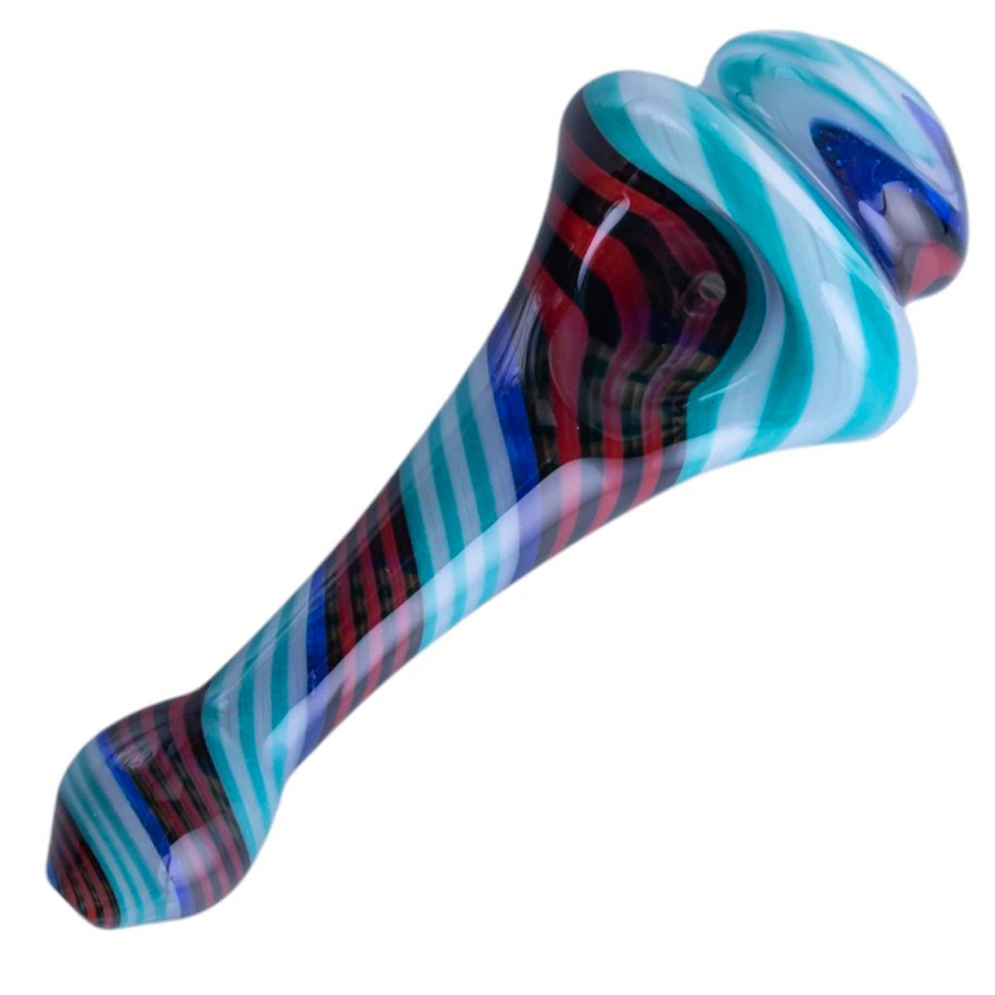 Angled close-up of a striped glass Spinning Top Pipes showing twisted teal, blue and red bands on a white background