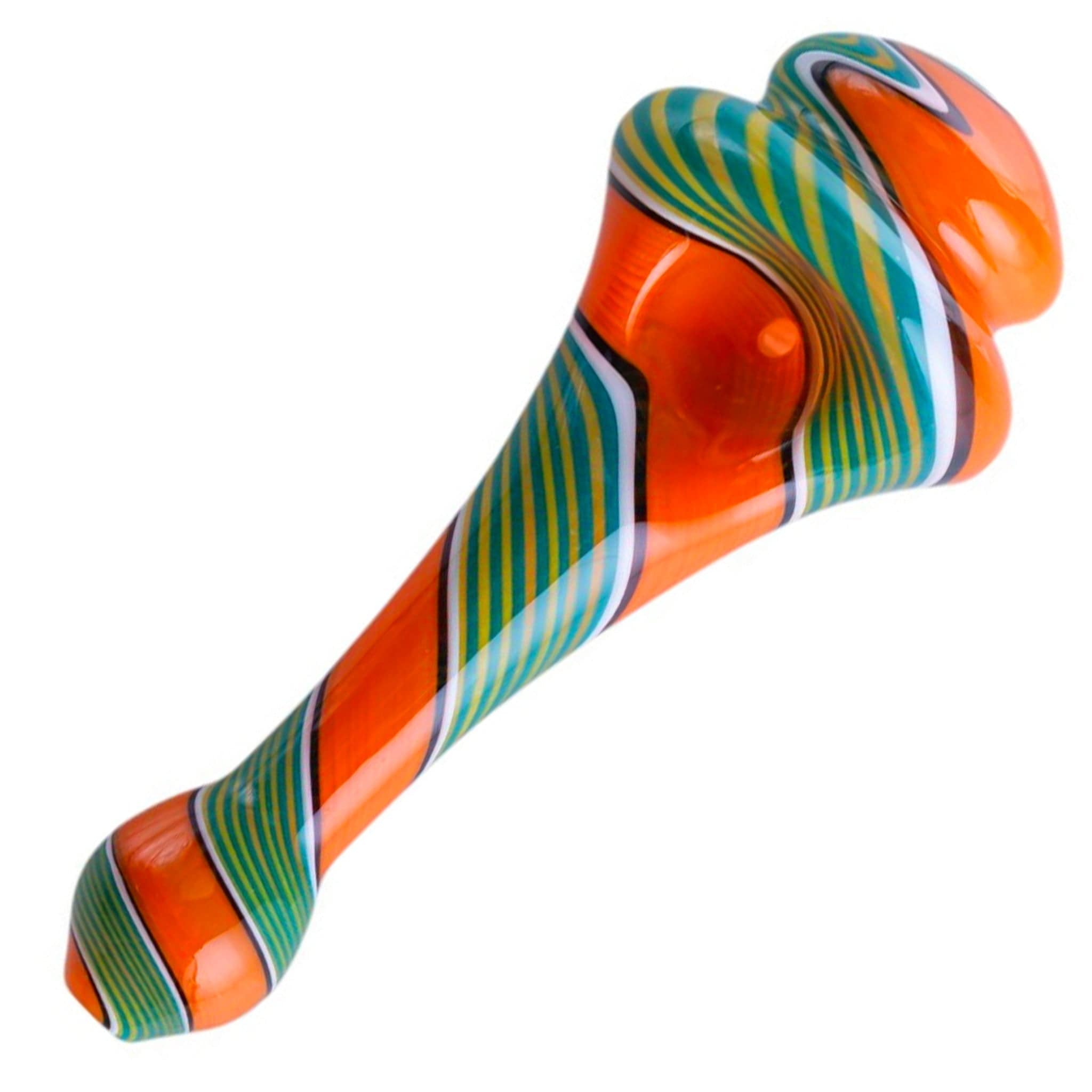 Diagonal close-up of the orange and teal striped Spinning Top Pipes showing glossy swirls and rounded bulges against a white background