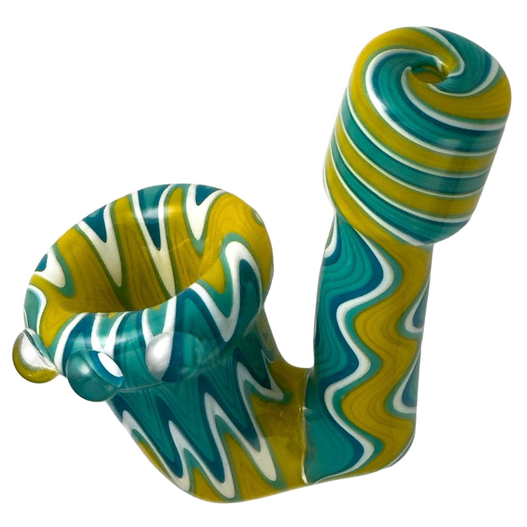 A close-up, angled view of the Sherlock Hooks, showcasing its swirling, colorful glass design.