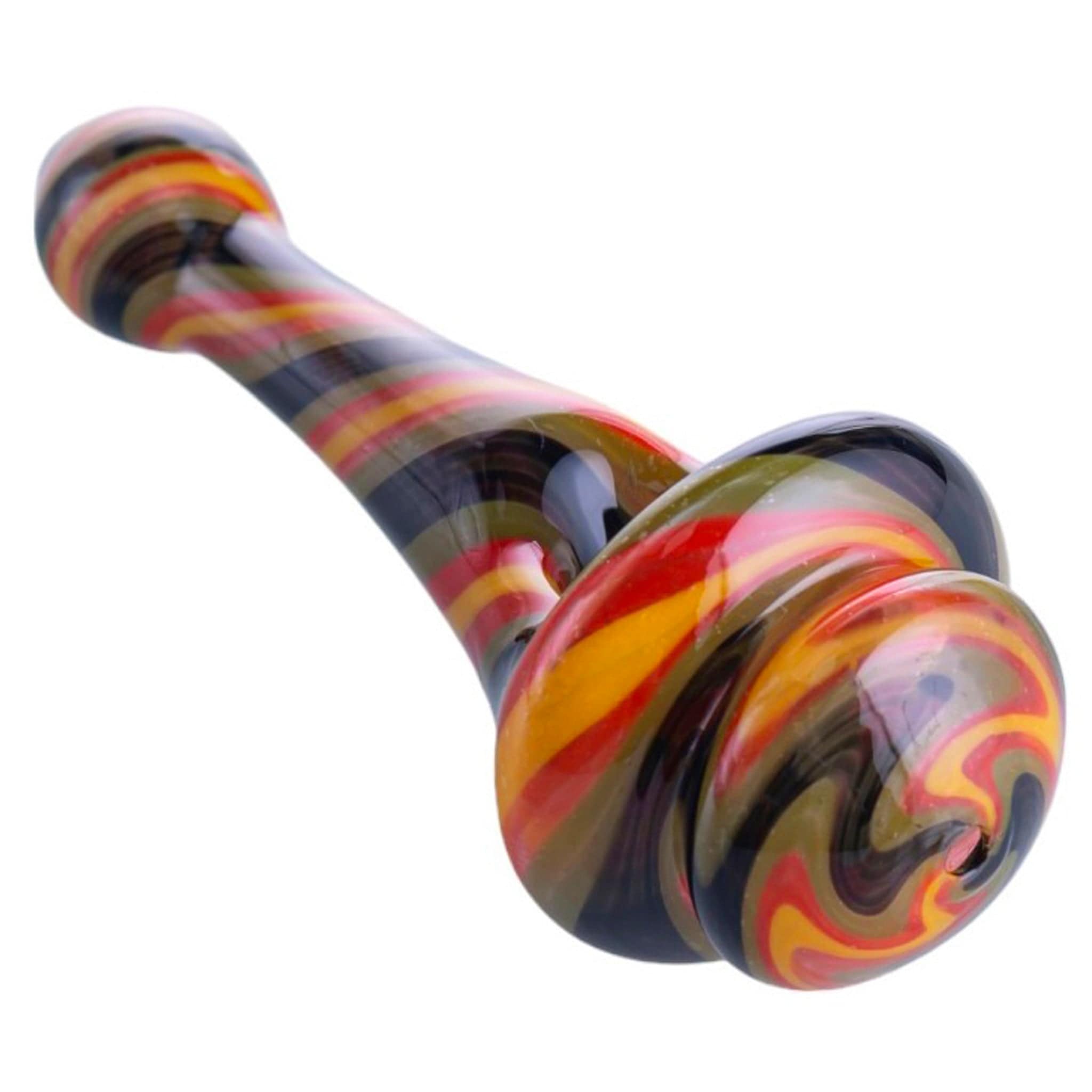 Angled close-up of the colorful glass swirl and mouthpiece of the Spinning Top Pipes.