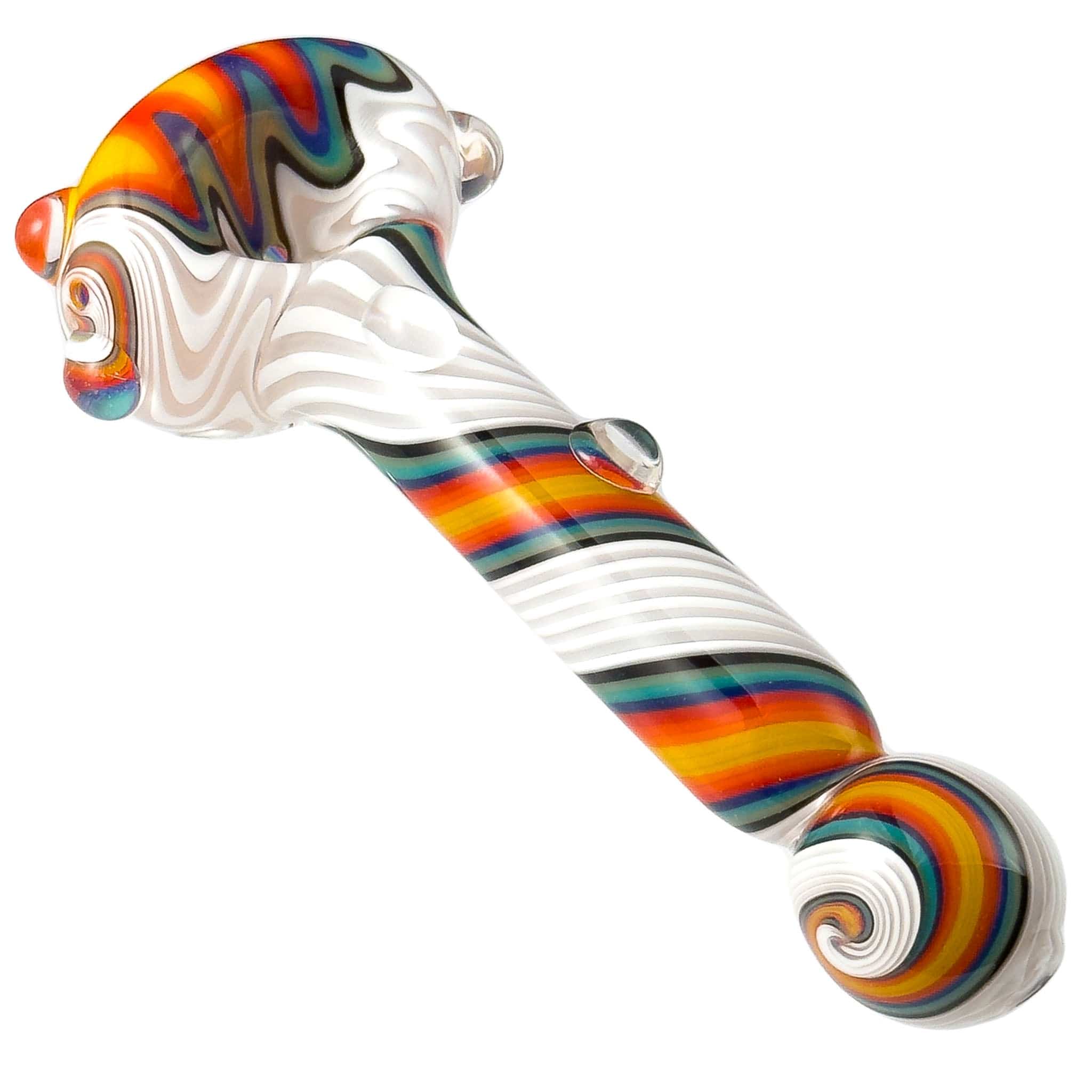 Front view of the Spiral Body Wig-wag Head with Bulb Mouthpiece, showcasing a colorful, spiraling glass design.