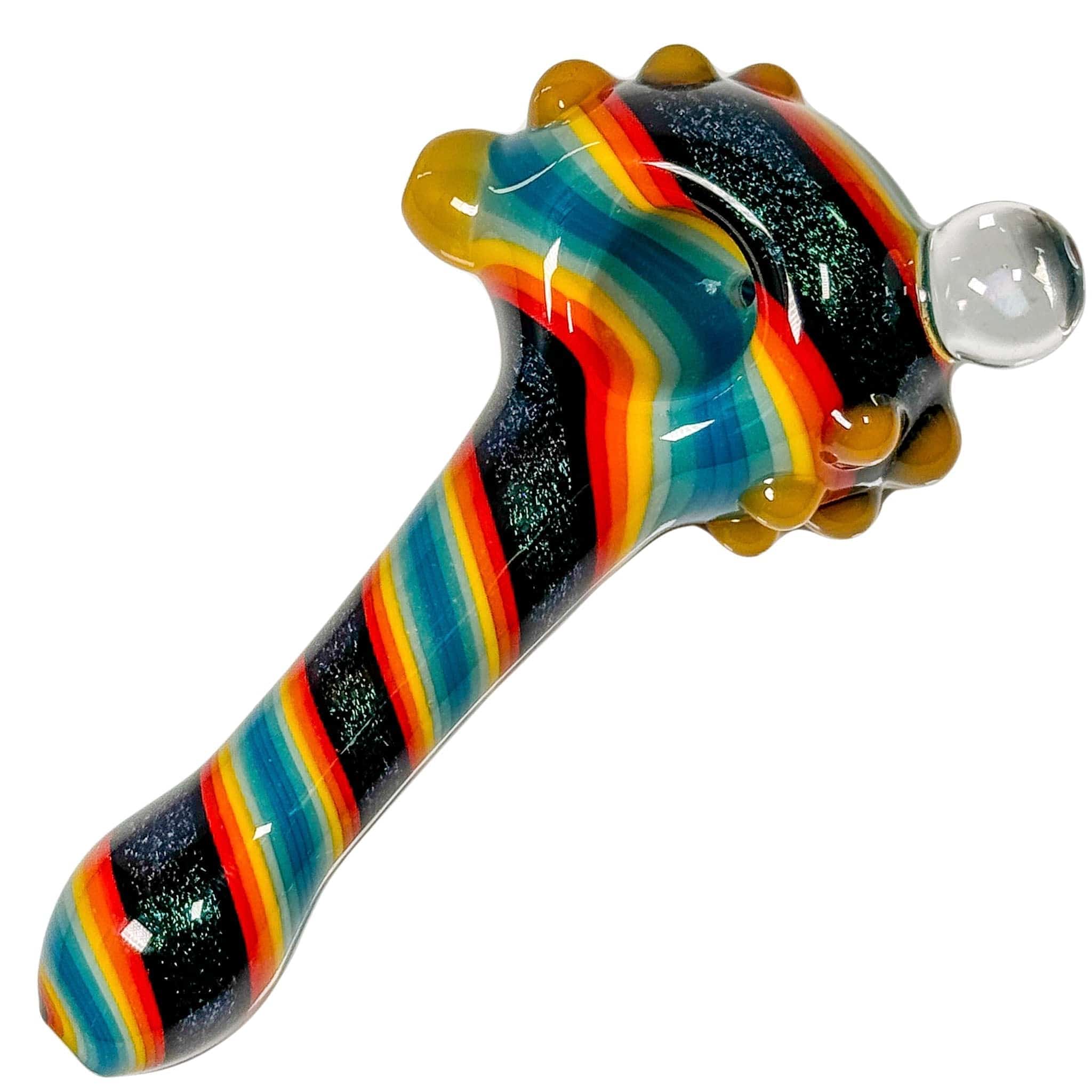 A close-up, angled view of the Eye Candy Opal & Dichro Spiral Hand Pipe, showcasing its swirling, colorful glass design.