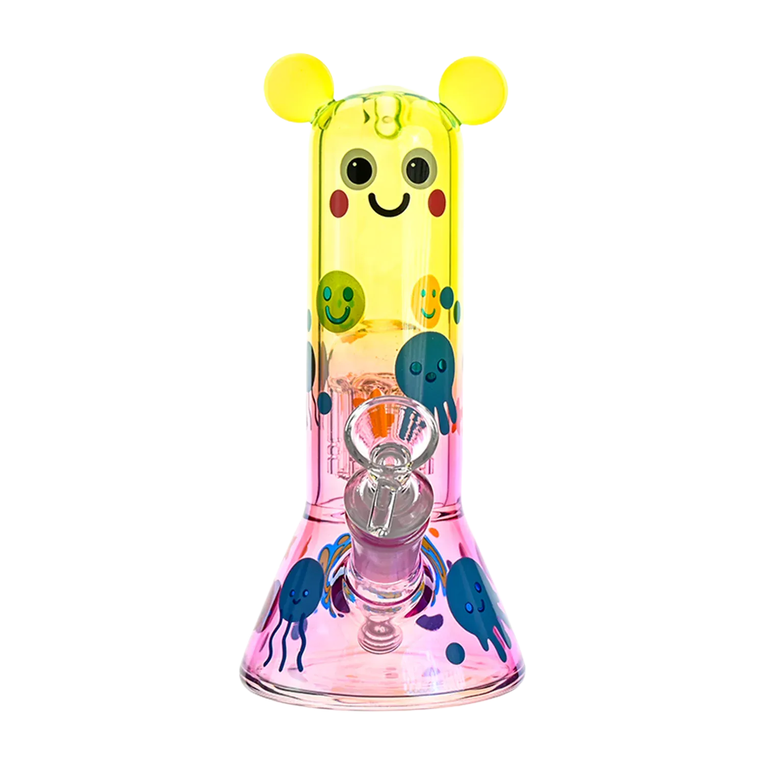 Front-facing shot of the Croia Glass Cute Character Beaker Bong with Jellyfish Design showing a yellow smiling neck with ears and pink base.