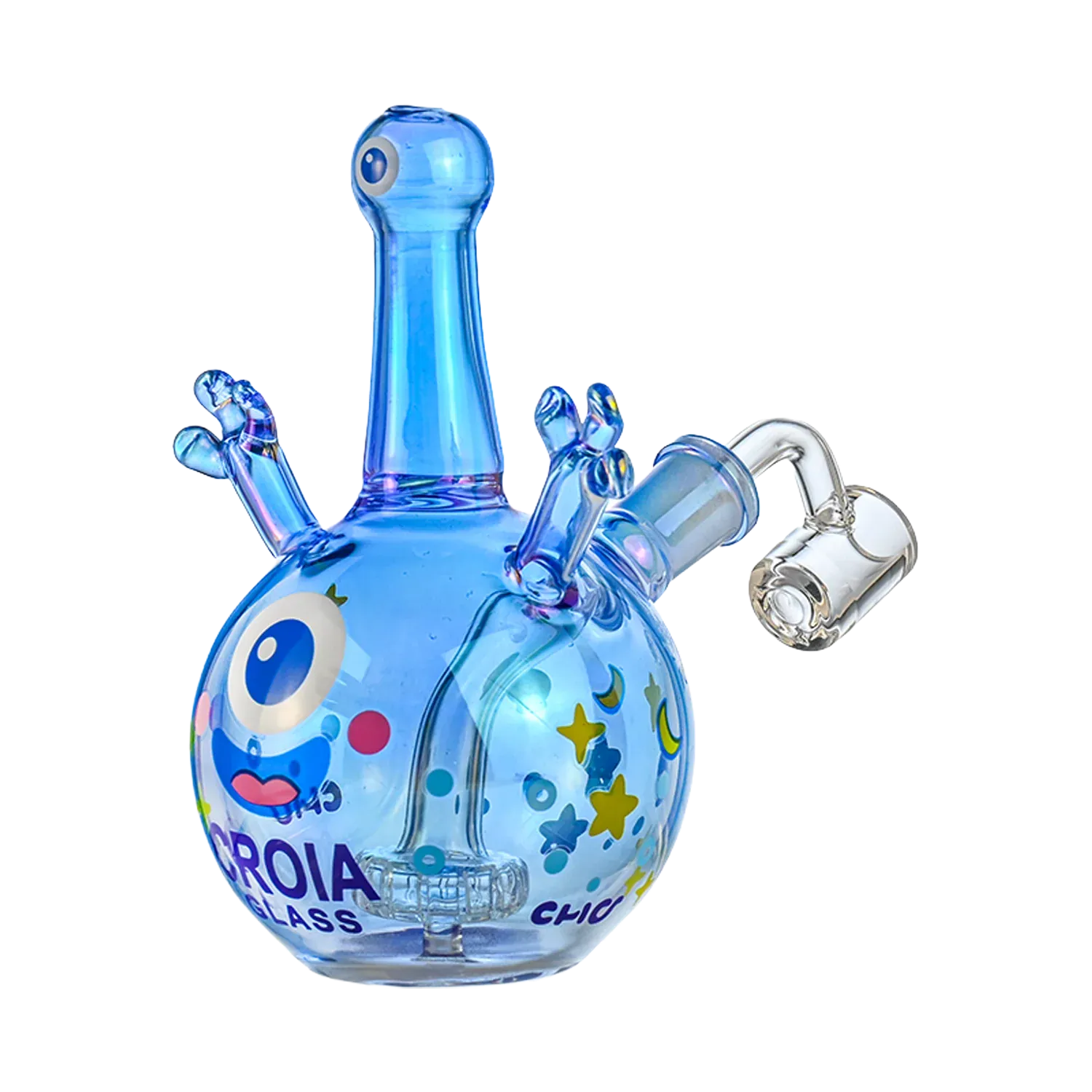 Close-up three-quarter view of the blue Croia Glass Cyclops Monster Mini Dab Rig with Showerhead Perc showing its round body, single cyclops eye decal, raised arm-like handles and attached clear banger.