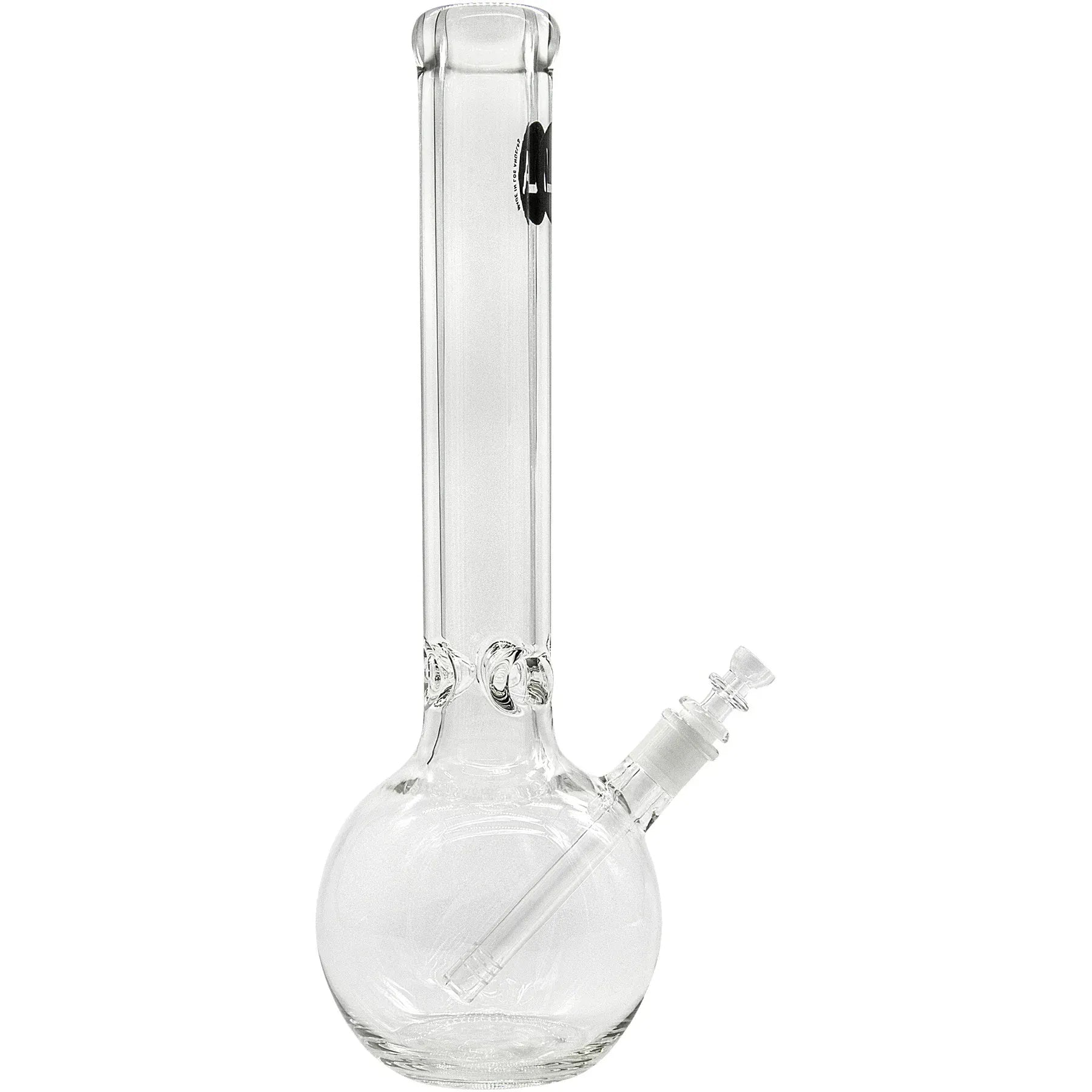 Front view of a clear glass "Iron Mace" Heavy 9mm Bubble Bong showing its tall straight neck and round bubble base against a white background.