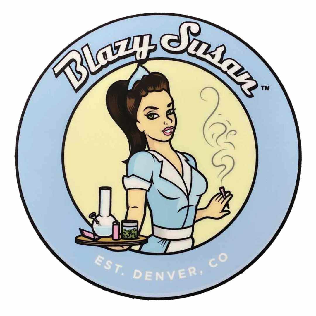 Circular logo-style image of a retro waitress holding a tray with smoking paraphernalia, featuring the Blazy Susan 8" Silicone Tray Mat.