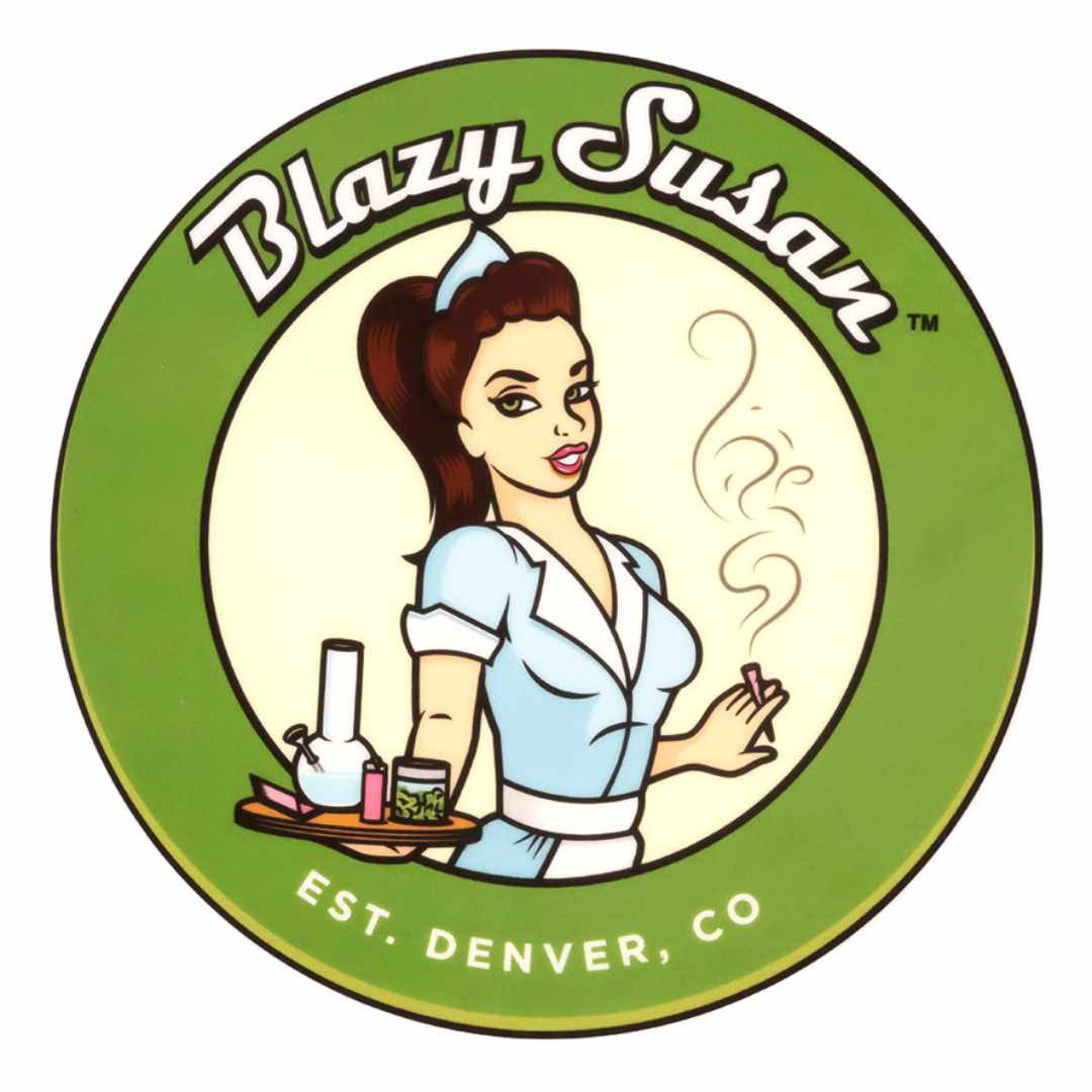 Circular logo showing a retro nurse holding a tray with a bong and jar, smoke rising, labeled Blazy Susan 8" Silicone Tray Mat.