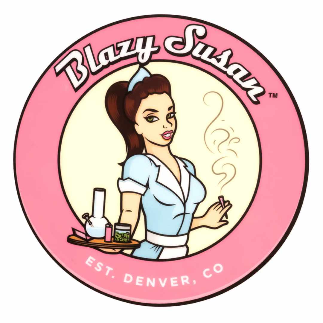 Center-facing illustration of a retro waitress holding a tray with smoking paraphernalia in a pink-ringed logo for Blazy Susan 8" Silicone Tray Mat.
