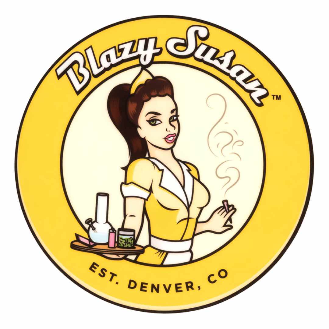 Centered circular logo showing a retro waitress holding a tray with glassware and a jar, labeled Blazy Susan 8" Silicone Tray Mat.