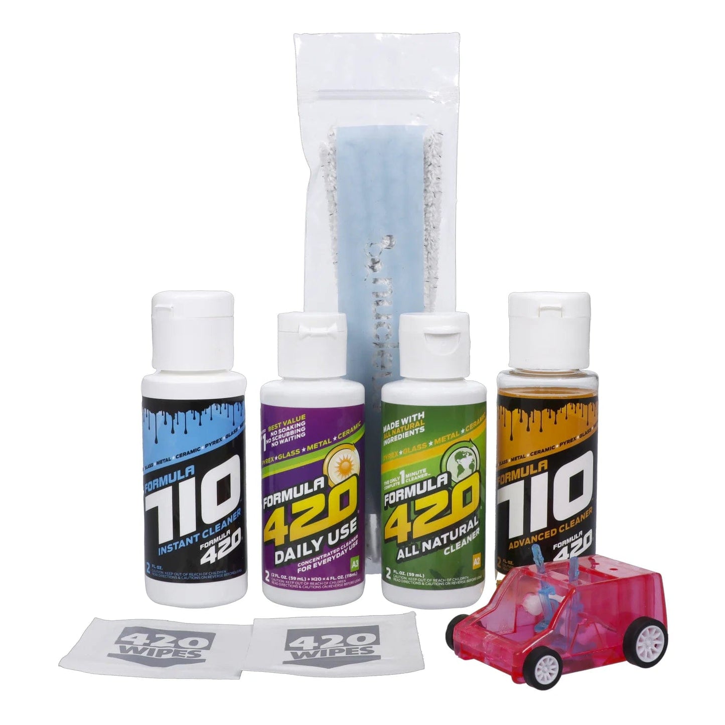 The Add On Cleaning Kit is displayed in a slightly angled overhead shot, featuring two bottles of cleaning solution with a vibrant blue label.