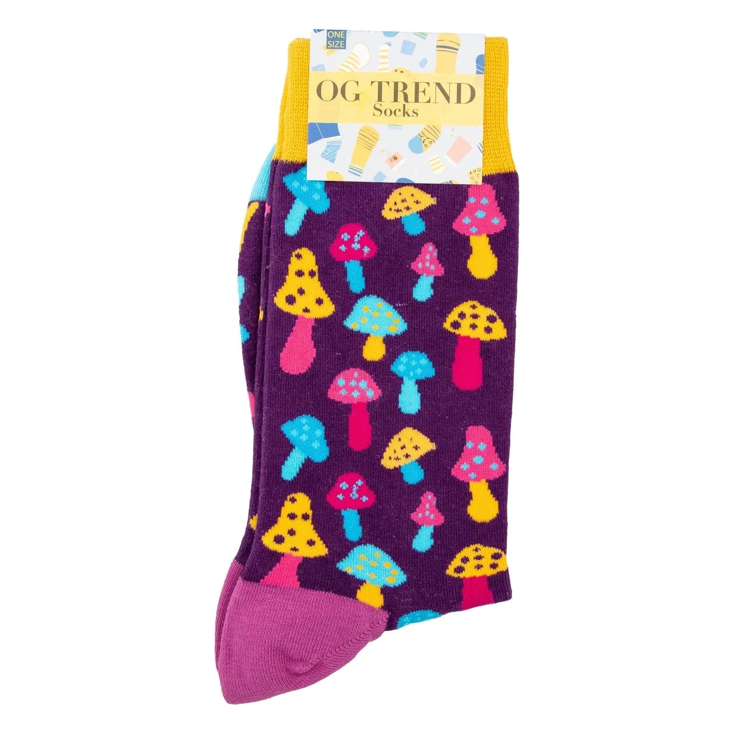 Top-down view of a folded pair of Colorful Mushroom Socks - One Size Fits All showing purple fabric patterned with bright pink, yellow and blue mushroom motifs and a mustard cuff.