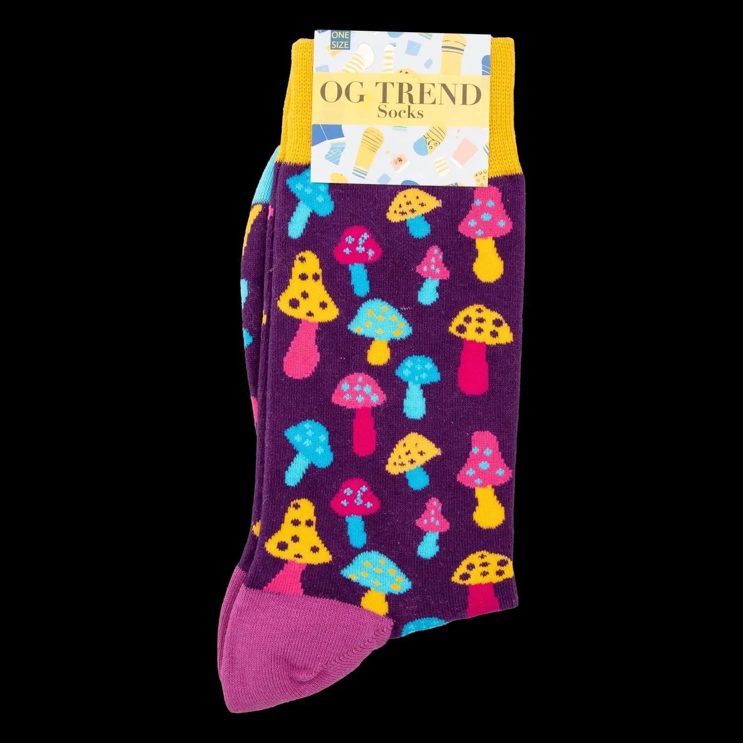 Top-down view of a folded pair of Colorful Mushroom Socks - One Size Fits All showing purple socks patterned with bright blue, pink, and yellow mushrooms and a yellow cuff.