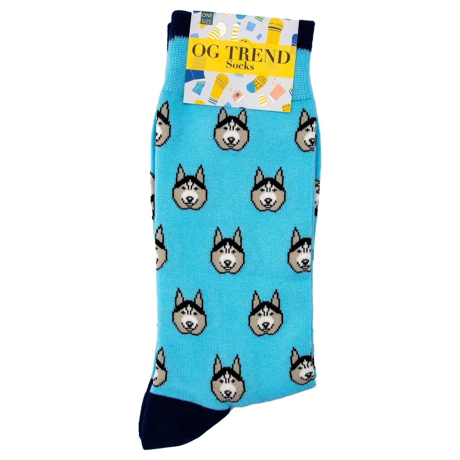 Top-down view of bright blue Husky Socks - One Size Fits All with repeating husky head motifs and a navy toe against a white background