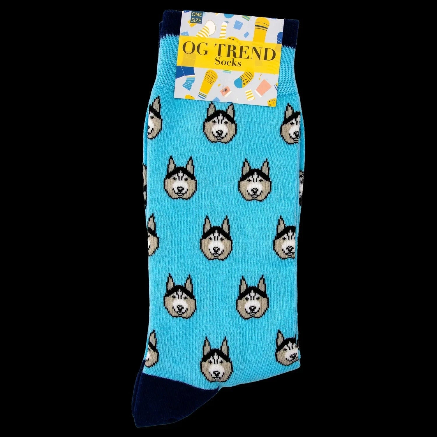 Top-down view of bright blue Husky Socks - One Size Fits All with repeating husky head pattern and navy toe against a black background