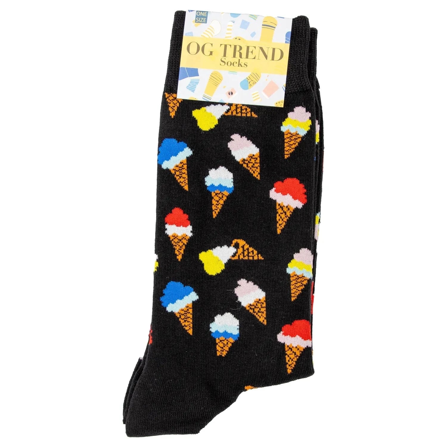 Top-down close-up of the Ice Cream Cone Socks - One Size Fits All showing black socks patterned with colorful ice cream cone motifs and a folded OG TREND label at the cuff