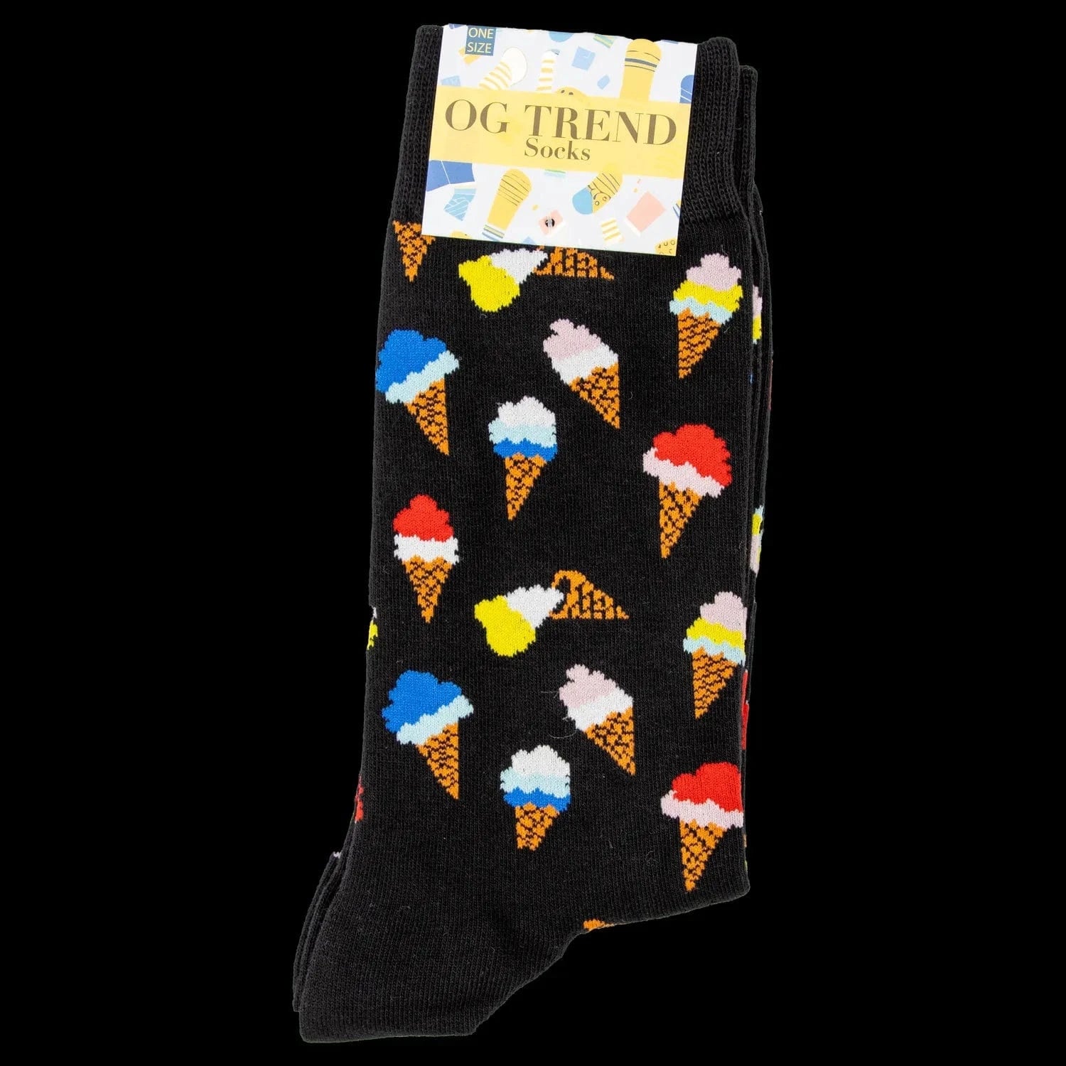 Top-down view of black Ice Cream Cone Socks - One Size Fits All folded with colorful ice-cream cone motifs and a yellow OG TREND label.