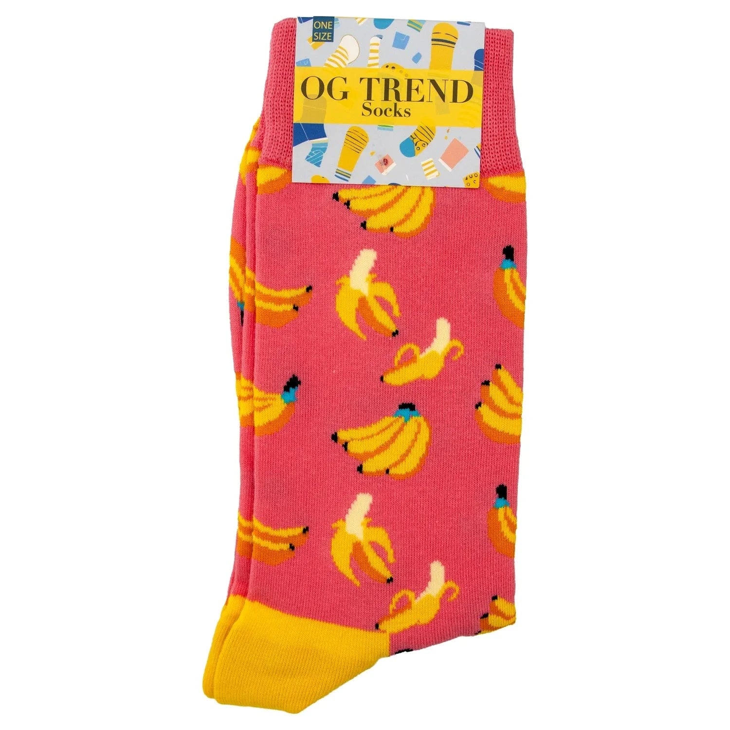 Top-down view of Pink Banana Socks - One Size Fits All folded to show a pink knit with repeating yellow banana motifs and yellow toe.
