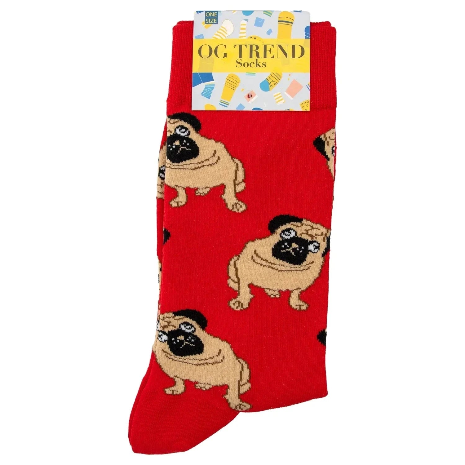 Top-down view of bright red Red Frenchie Socks - One Size Fits All folded to show repeating tan pug faces and the colorful OG TREND label.