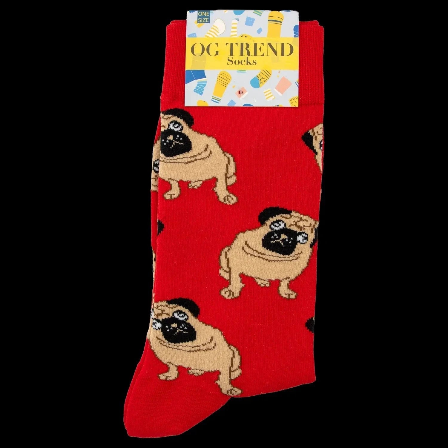 Top-down view of the folded Red Frenchie Socks - One Size Fits All showing a bright red sock patterned with repeated tan pug faces and a colorful OG TREND label at the cuff.