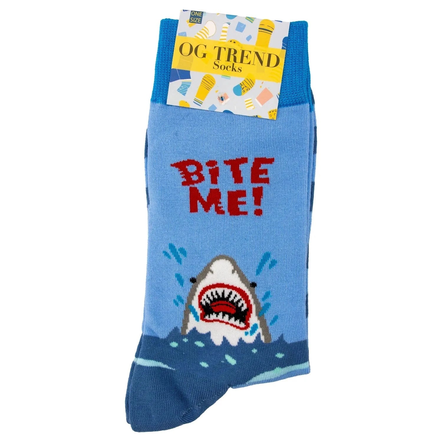 Top-down view of the Shark - Bite Me! Socks - One Size Fits All showing a blue sock with red "BITE ME!" text and a leaping shark graphic.