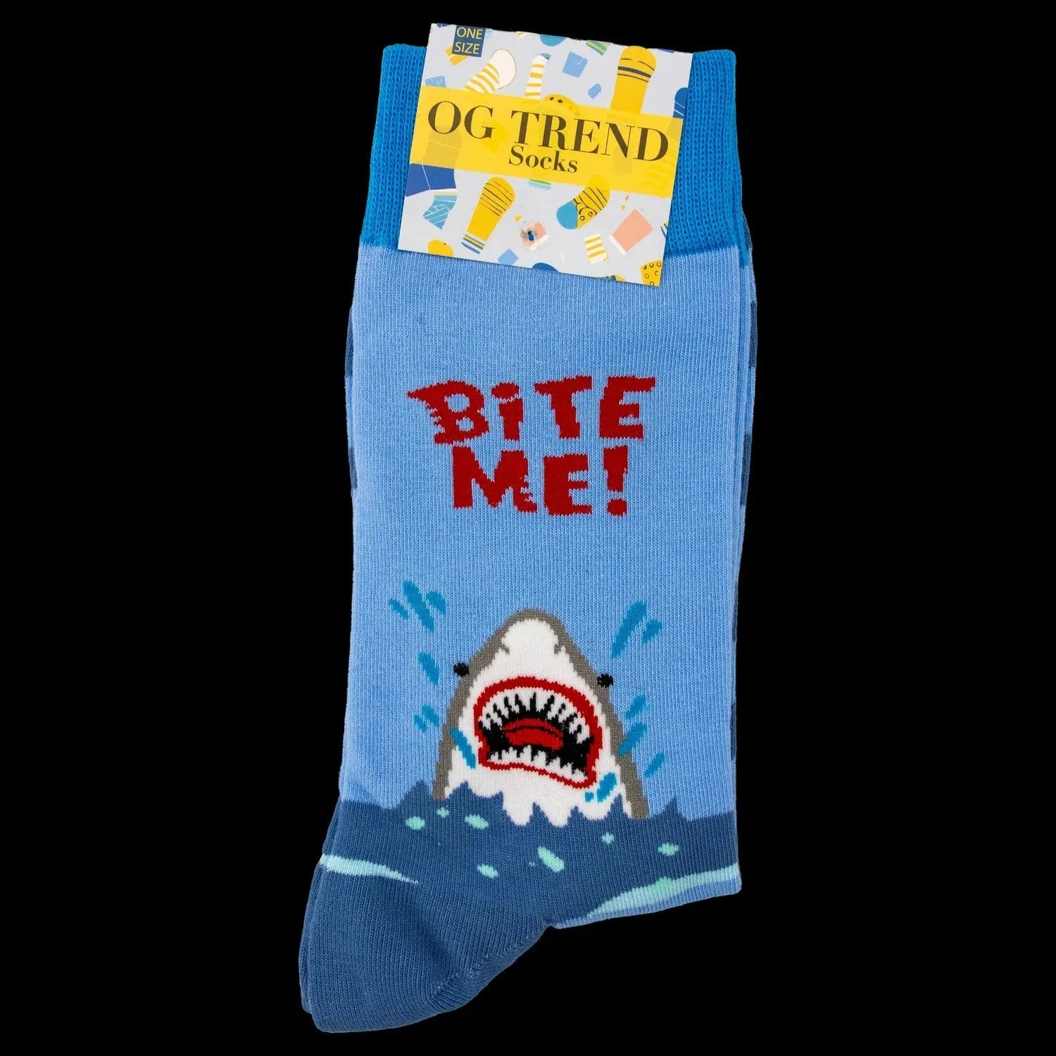 Top-down view of Shark - Bite Me! Socks - One Size Fits All showing a blue sock with red "BITE ME!" text and a shark breaching.