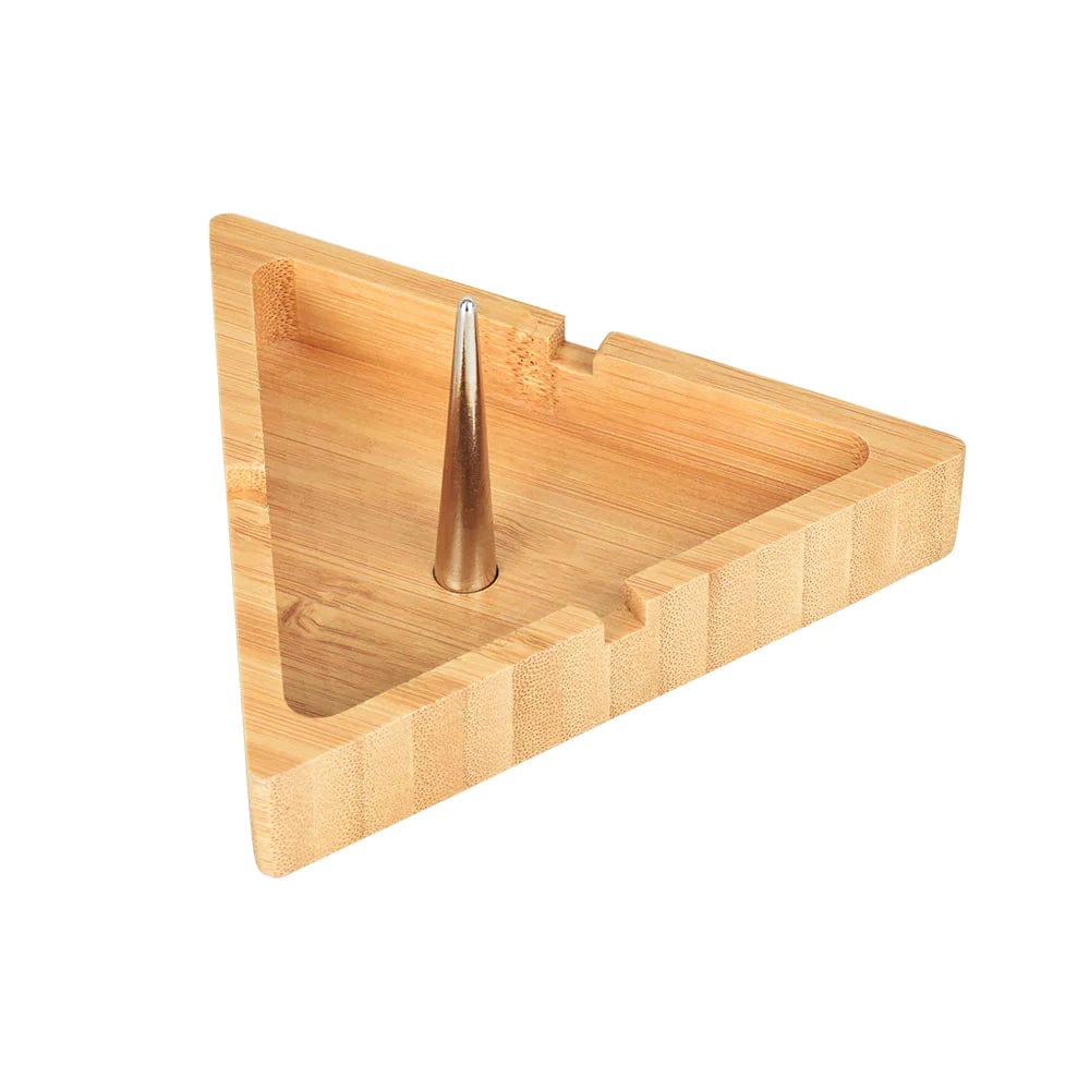 A high-angle view of the Spiked Bamboo Ashtray, showcasing its triangular shape and light-colored wooden texture.