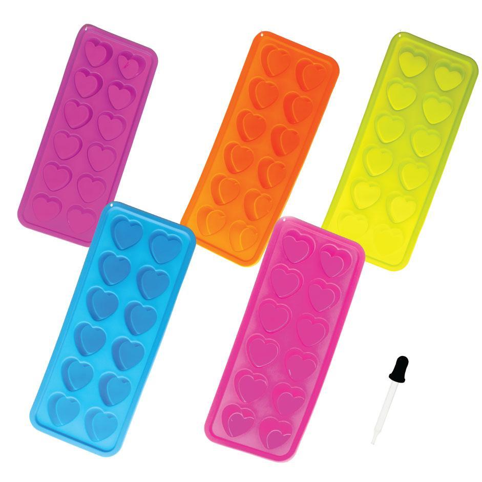 Colorful silicone molds shaped like hearts, alongside a dropper, likely for making cannabis edibles.