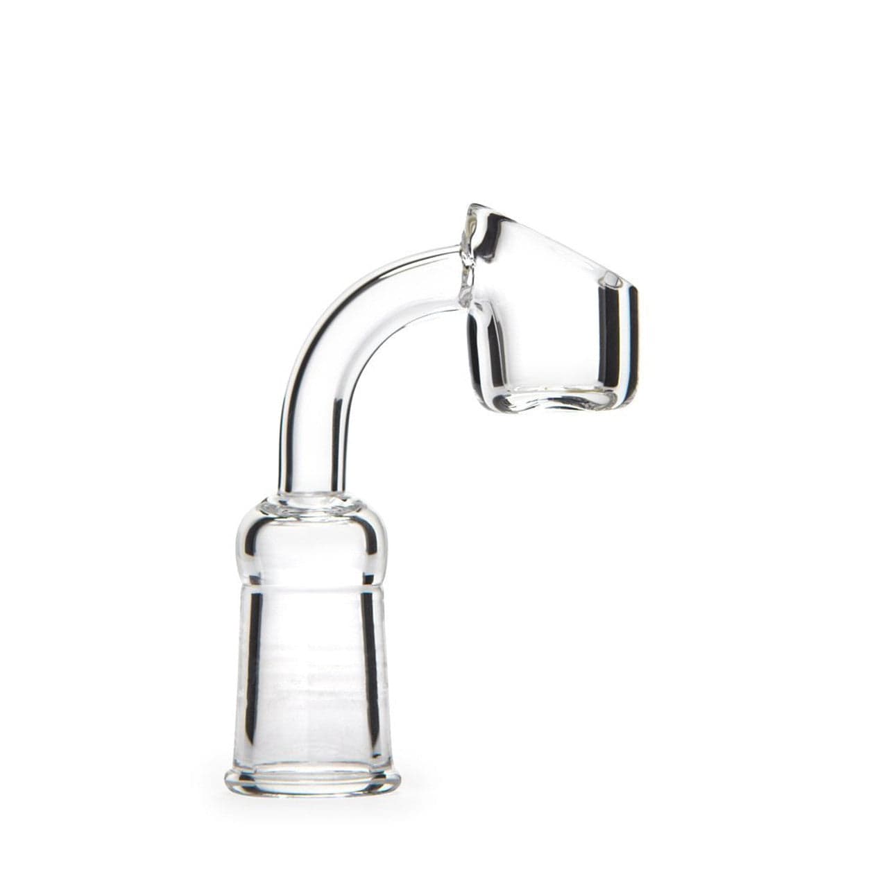 A close-up shot of the 10mm Female Quartz Banger, showcasing its clear quartz construction and rounded shape against a white background.