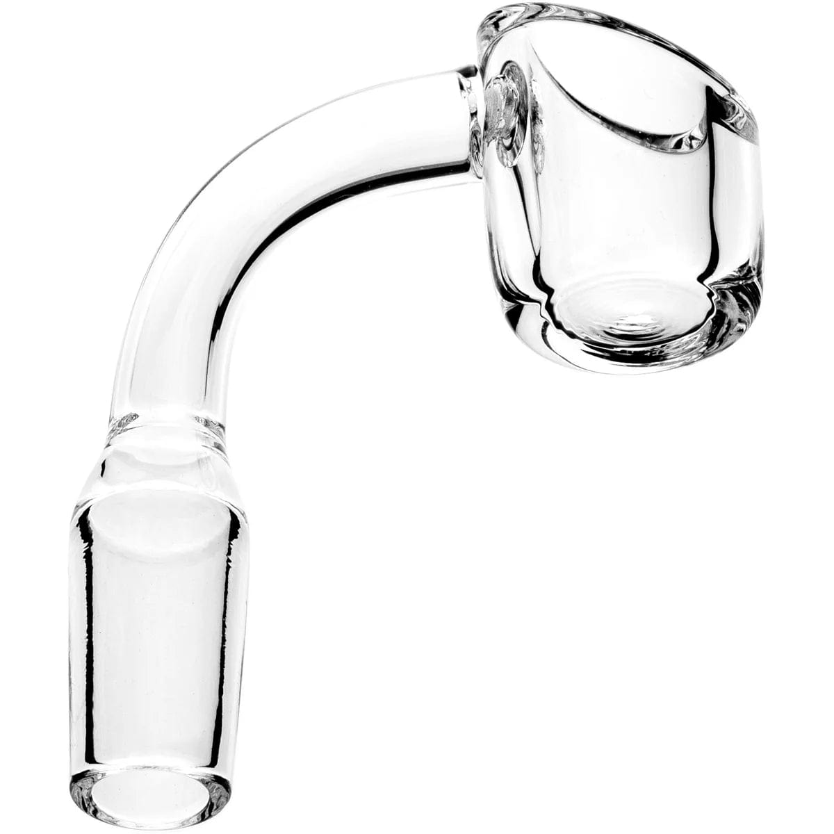 A close-up, angled view of the Male Angled Quartz Banger Nail, showcasing its clear quartz construction and curved design.